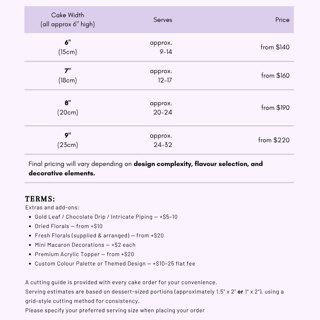 Cake pricing and serving sizes chart with options for 6, 7, 8, and 9 inch cakes, with prices starting from $140 to $220. Terms and extras listed below.