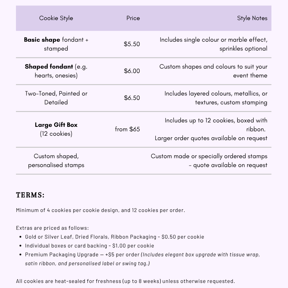 A printed menu for cookie or stamp design services, listing different styles, prices, and notes about custom options, gift boxes, and terms.