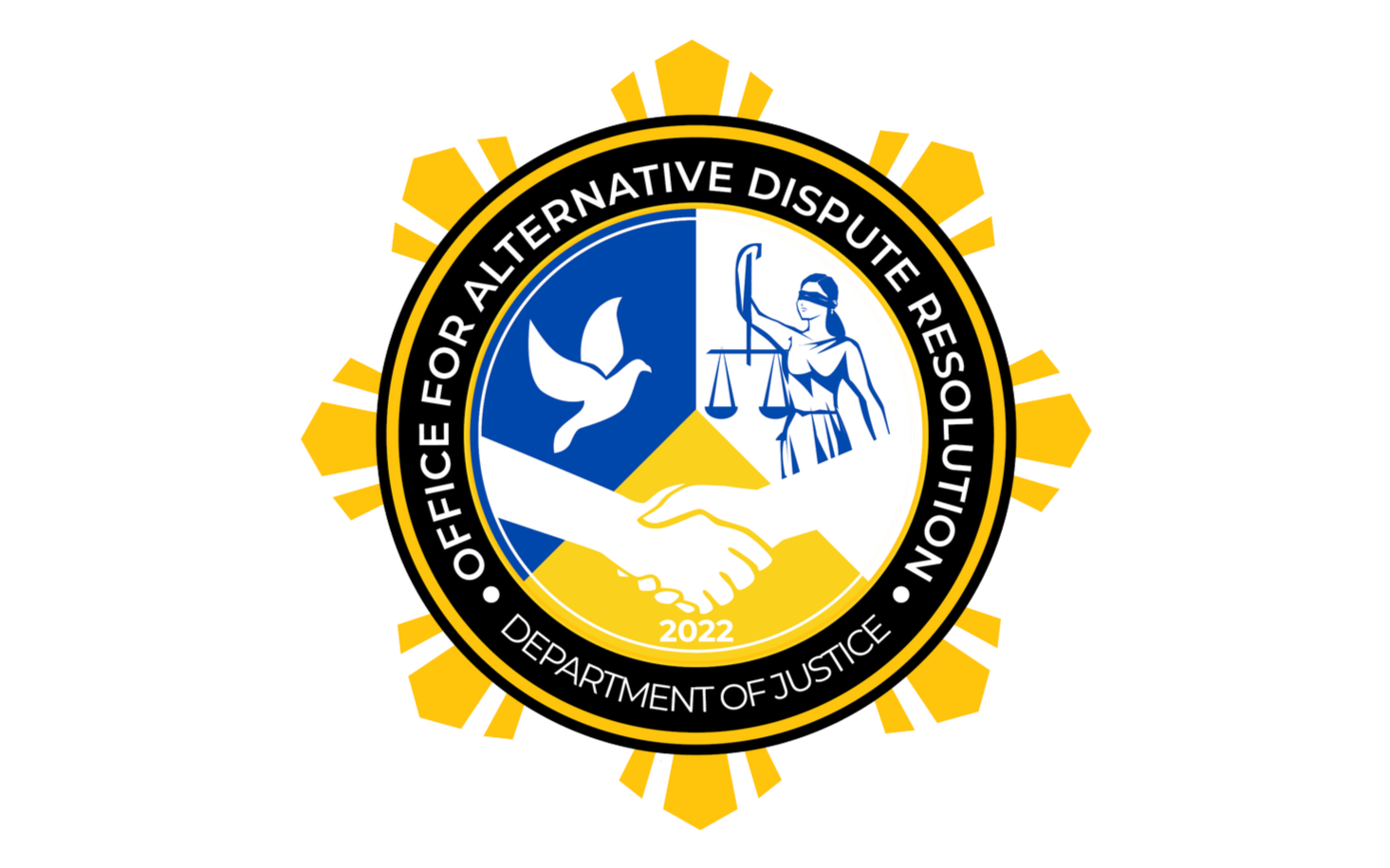 U.S. Department of Justice emblem with a dove, lady justice, and handshake symbols, over a red and white striped background.