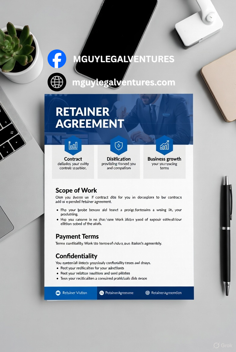 A retainer agreement document on a desk with a smartphone, a pen, a notebook, a small potted plant, and some electronic accessories around it.