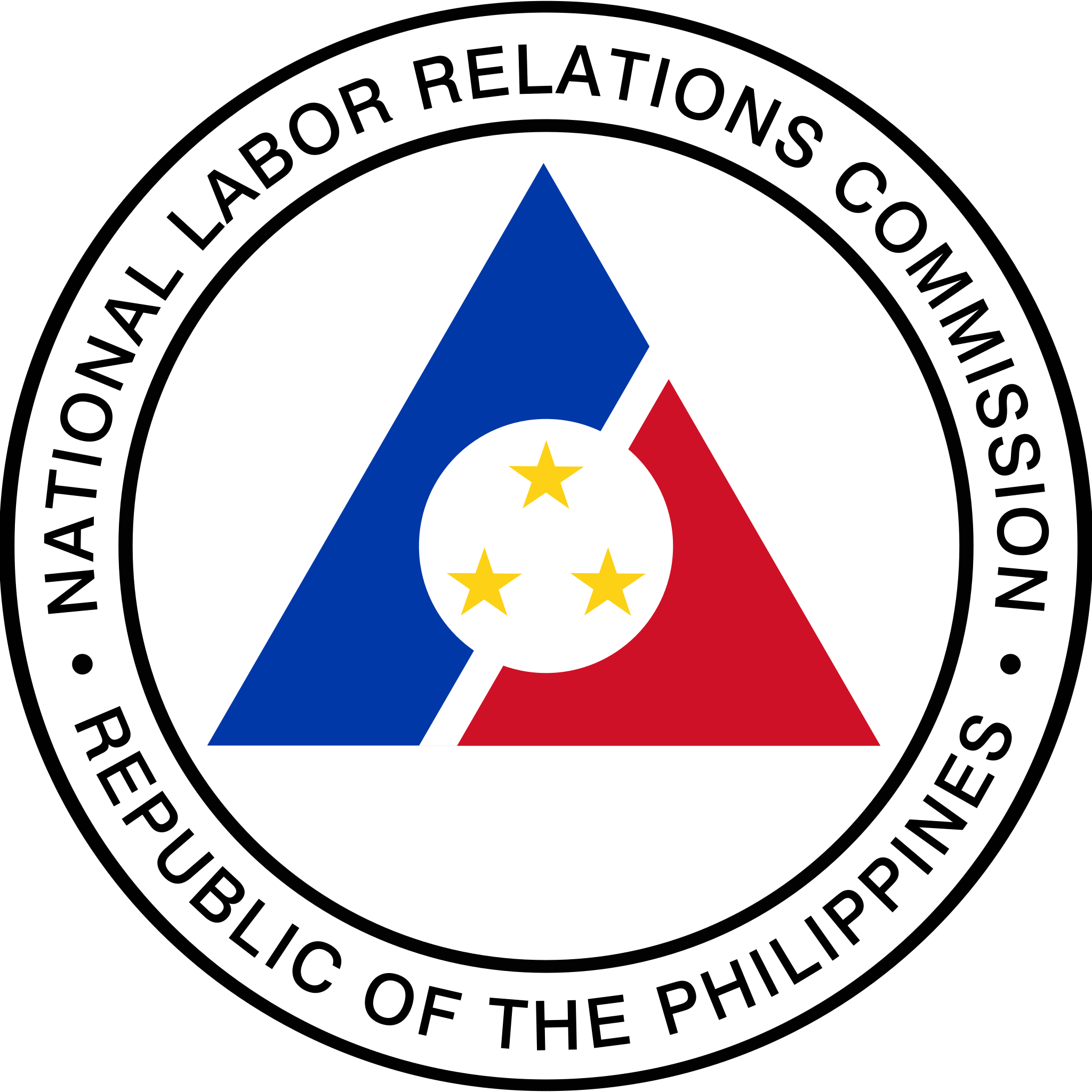Seal of the National Labor Relations Commission of the Philippines featuring a triangle with blue and red sections and a circle with three yellow stars.