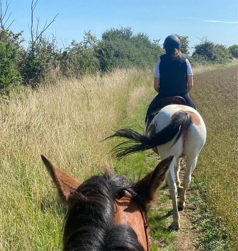 Person riding a horse on a trail surrounded by grass and trees, with the photo taken from the horse's perspective.