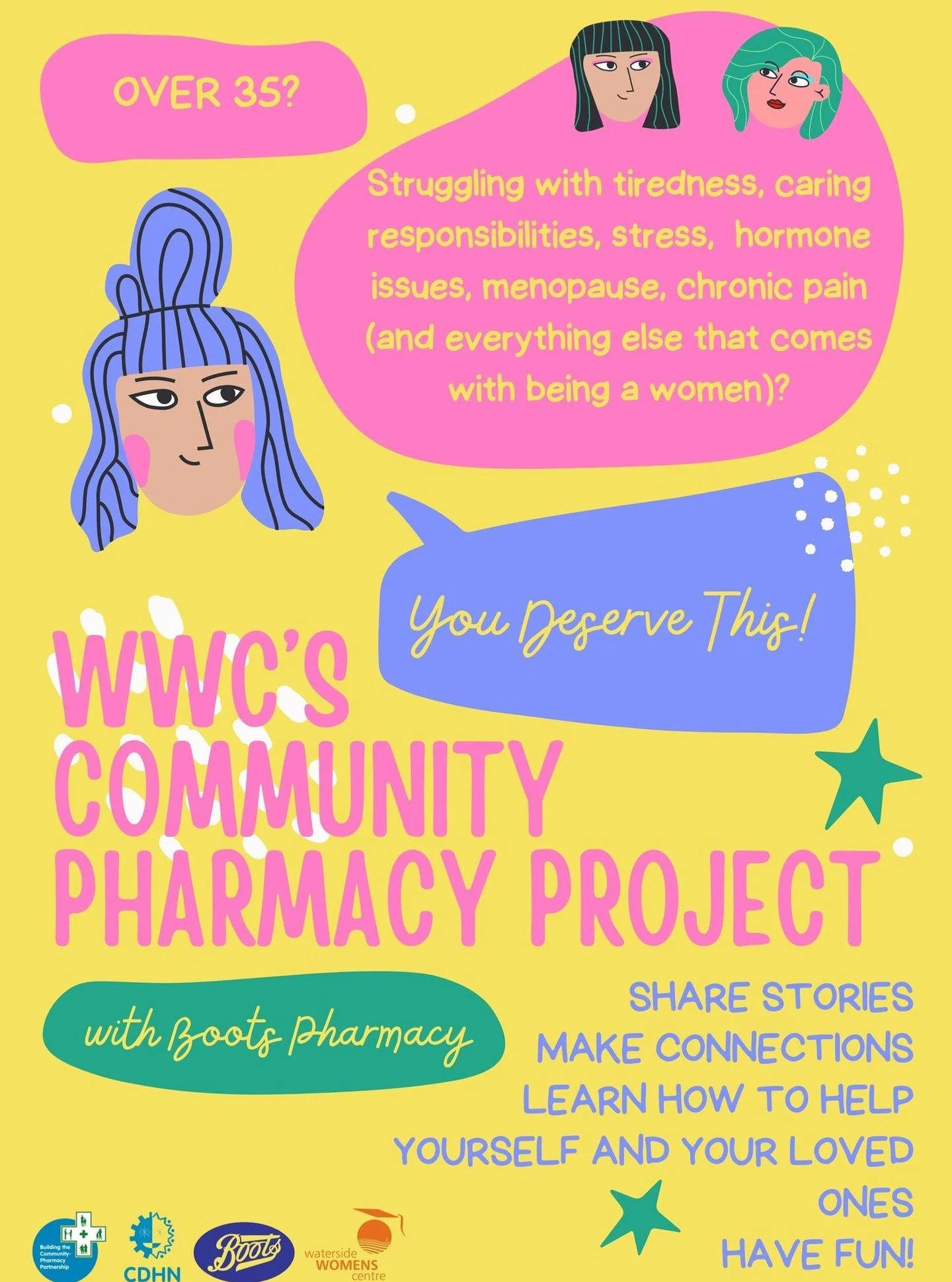 Starting 14/4/26 for 10 weeks, Tuesdays 9:30-11:30am at Waterside Women&rsquo;s Centre. Food and fun provided. To book a place, email info@watersidewomen.net and we&rsquo;ll get back to you. 
Thank you CDHN and Boots Pharmacy for making this possible