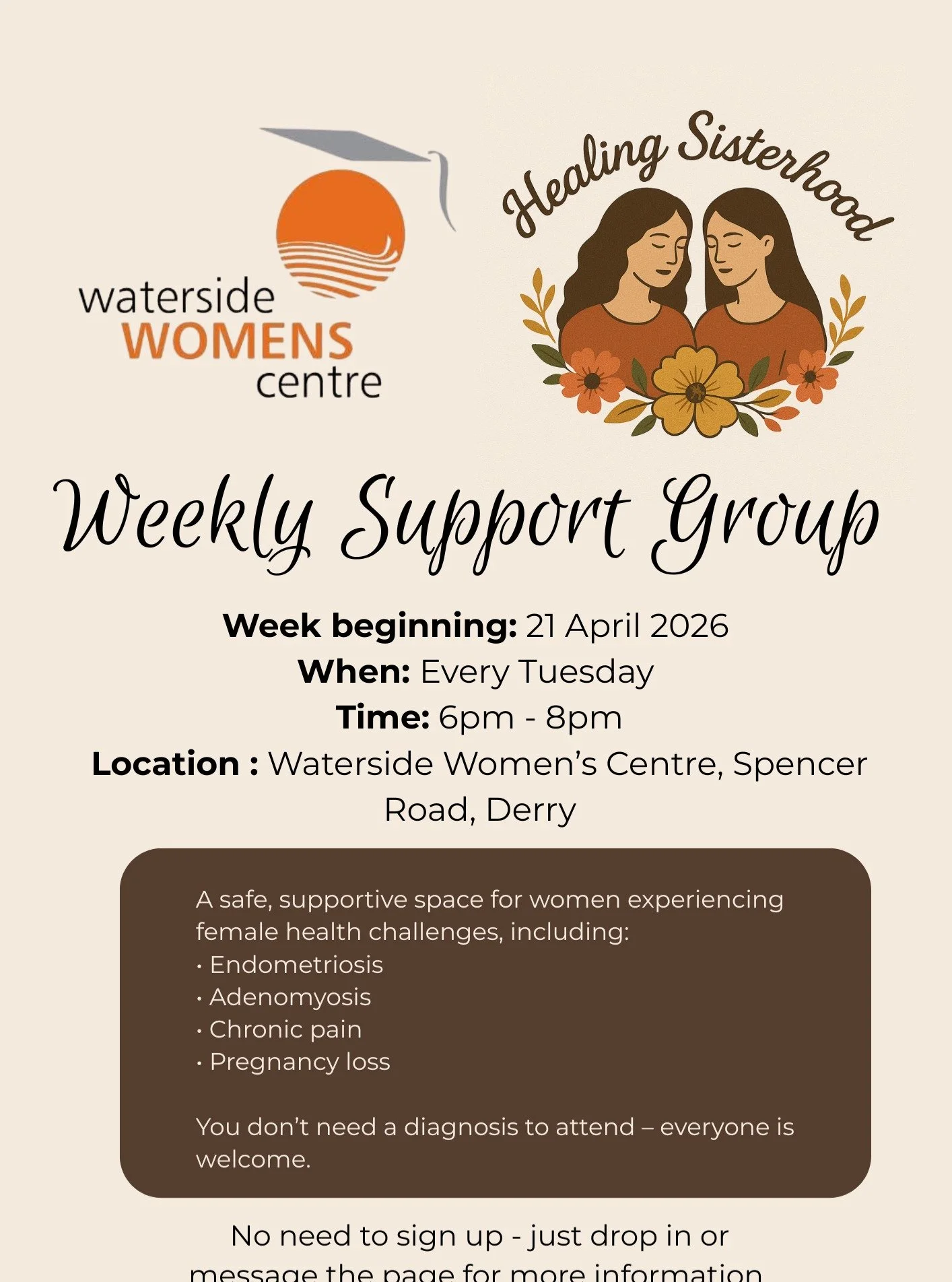 Do you suffer from Endometriosis, Adenomyosis, chronic pain, or have experienced pregnancy loss? We are running a free support group in partnership with Healing Sisterhood on Tuesday evenings. Sign up or just drop in! You are not alone.