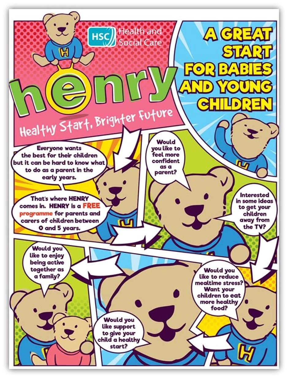 SPACES STILL AVAILABLE

What is the Henry project? It's a free programme that supports parents of young children by providing a space to share advice, tips, and challenges with a cup of tea in a safe space.

Wednesdays
9:30-11:30am
9th September - 21