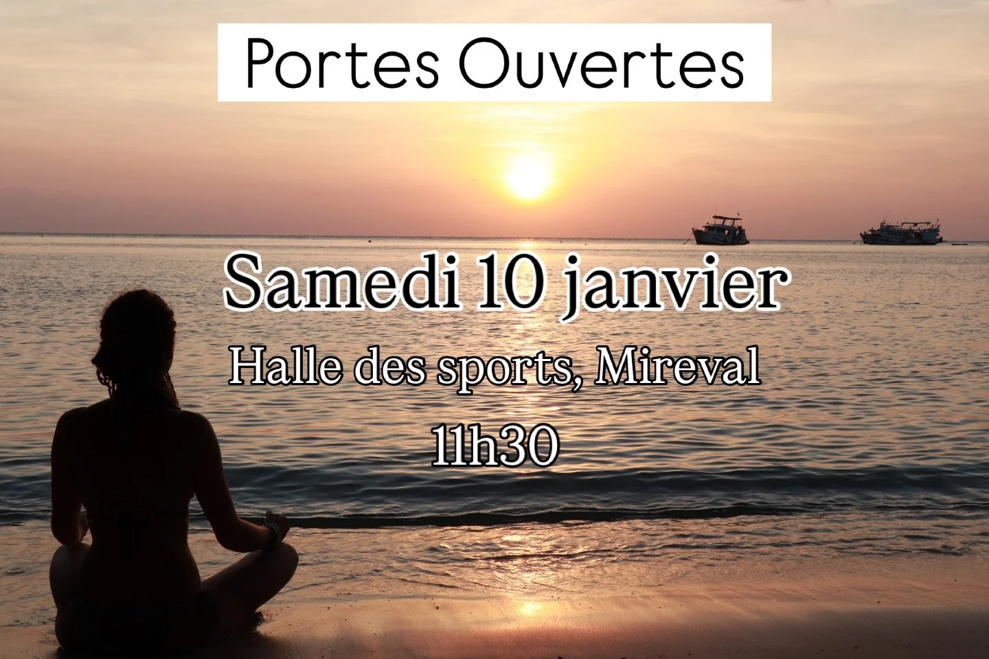 Portes Ouvertes de l&rsquo;association ce samedi 10 janvier &agrave; 11h30 &agrave; la Halle des Sports de Mireval !
➡️ &eacute;changes, pr&eacute;sentation, th&eacute; d&rsquo;accueil 
➡️ info planning des cours, tarifs &amp; inscriptions
Je vous at