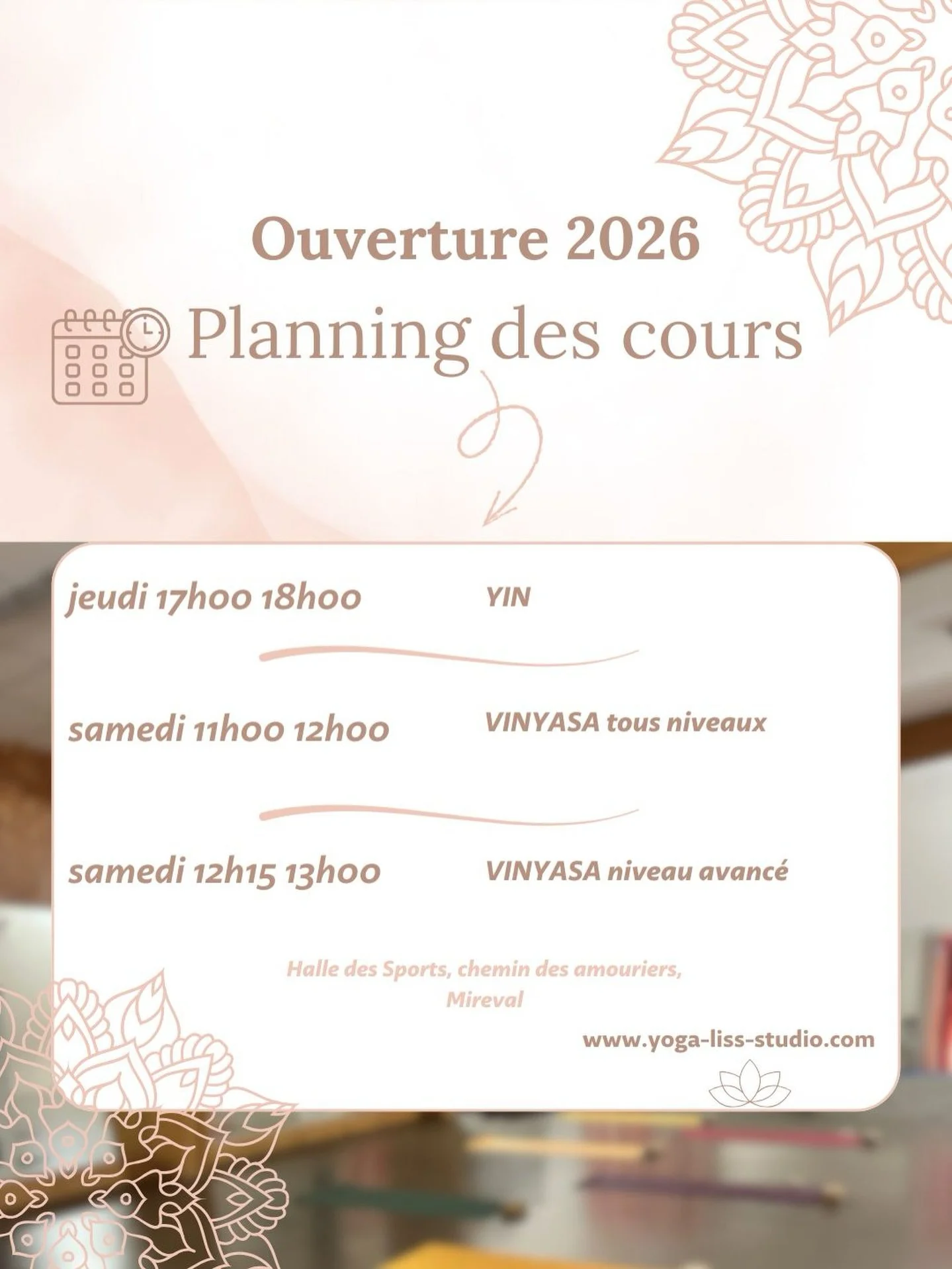 🗓️ ouverture 2026 ~ planning des cours 🧘🏼&zwj;♀️
~~~~~~~
&Agrave; partir du 15 janvier, je vous donne rendez-vous chaque jeudi et samedi 📍&agrave; la halle des sports (Mireval)
~
YIN yoga JEUDI 17h00 18h00
&mdash;&mdash;
VINYASA tous niveaux SAME
