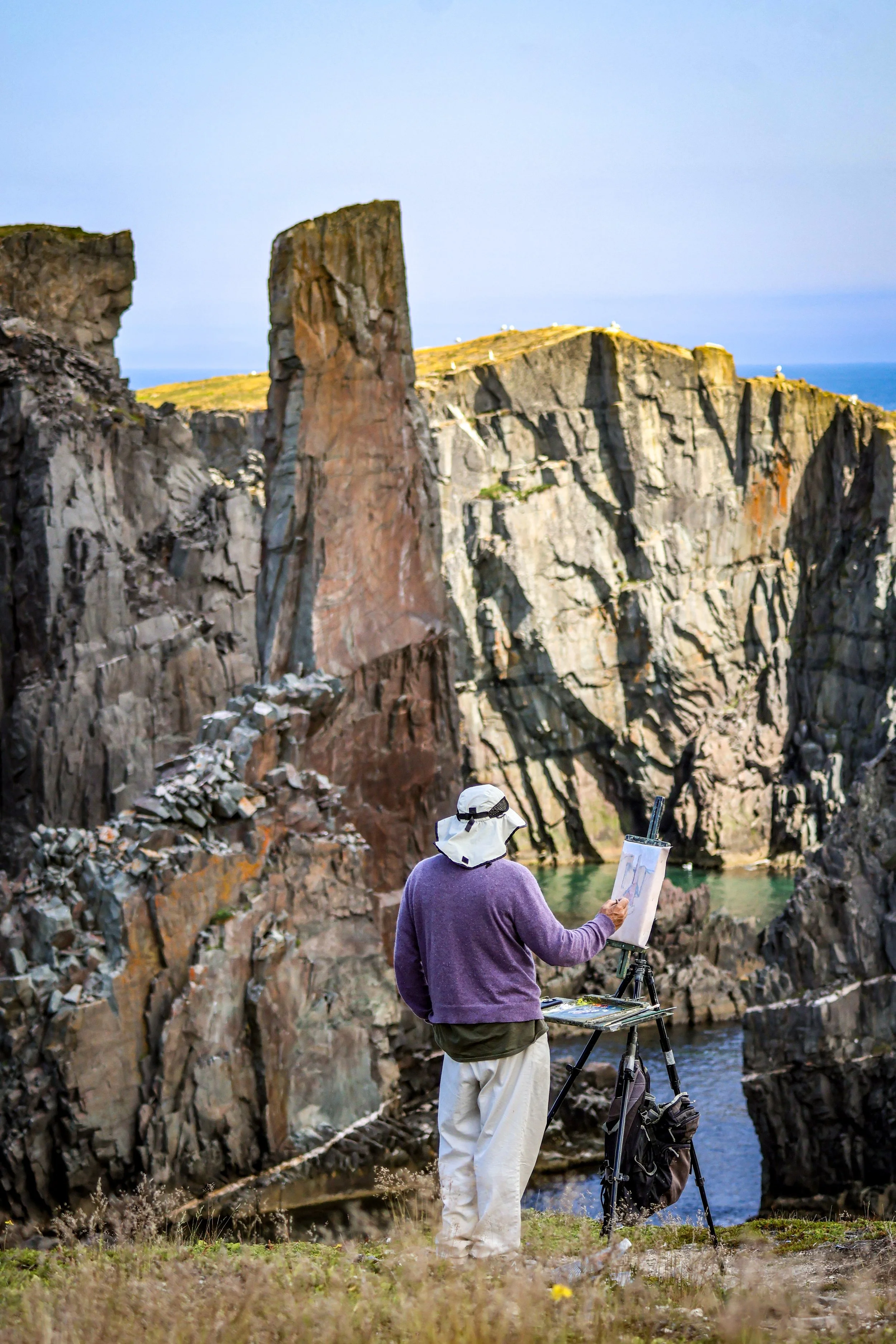 An artist painting outdoors near a coastal canyon with steep rocky cliffs and water below, under a clear sky.