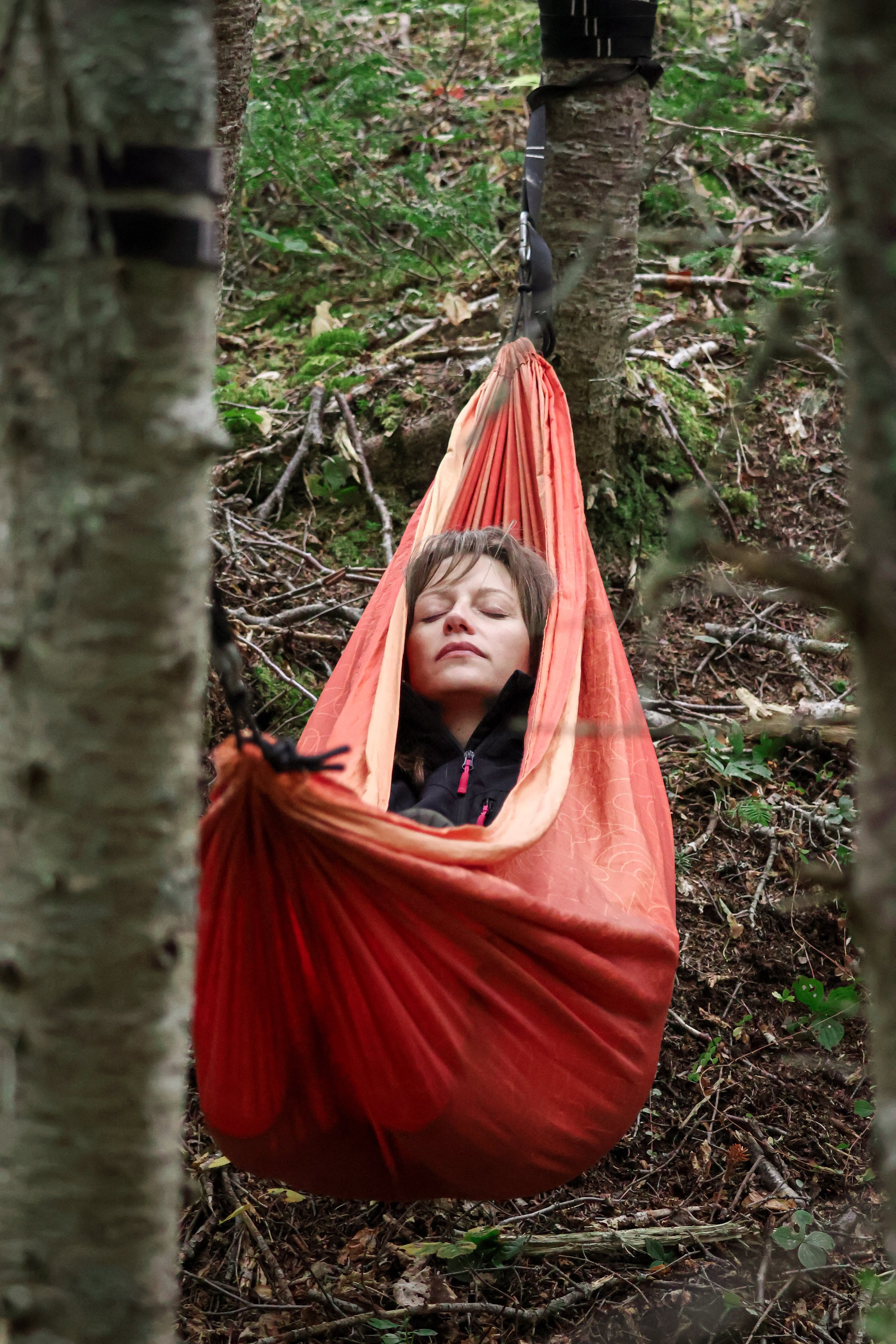 A person is sleeping in an orange hammock tied between trees in a forest.