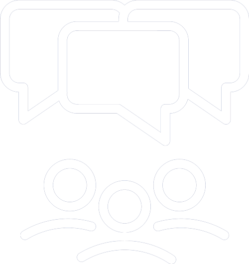 Icon of three speech bubbles above three human figures, representing communication or discussion.