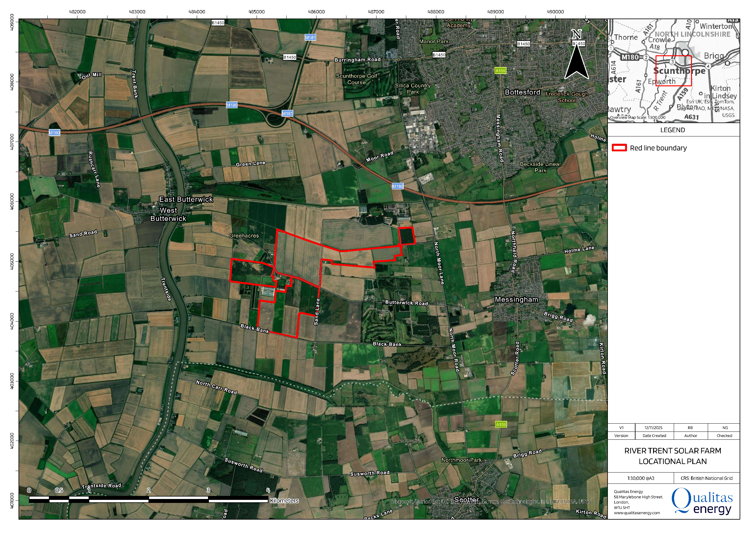 Map showing the proposed solar farm site marked in red boundaries, surrounded by farmland, roads, and nearby villages.