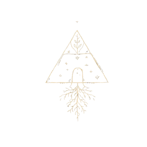 A minimalist white embroidered triangular design resembling a stylized tree with roots on a black background.