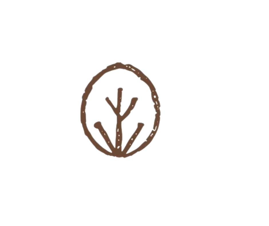 A brown line drawing of a tree inside an oval shape, on a white background.