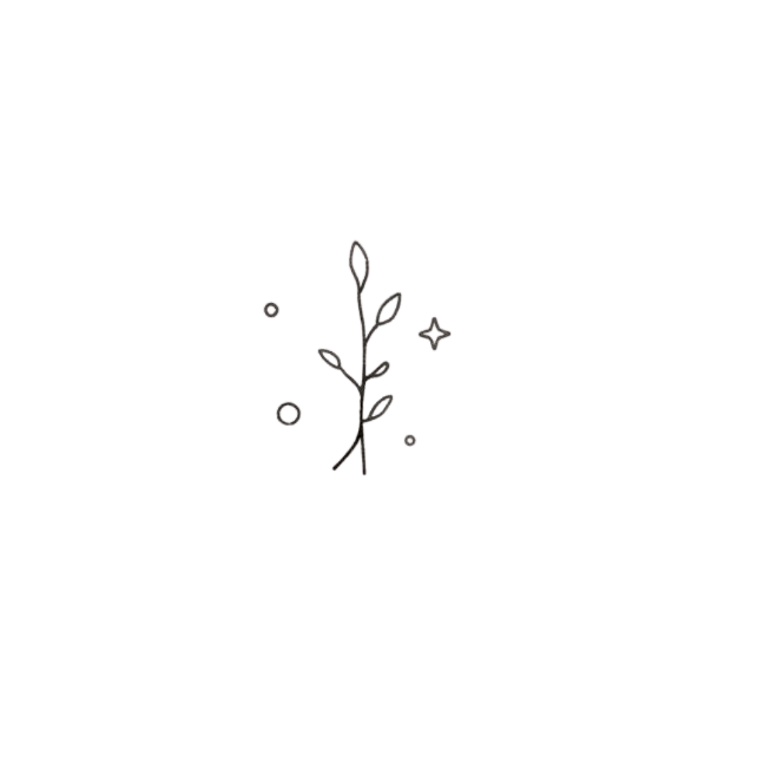 Black line drawing of a branch with small leaves, surrounded by sparkles and dots.