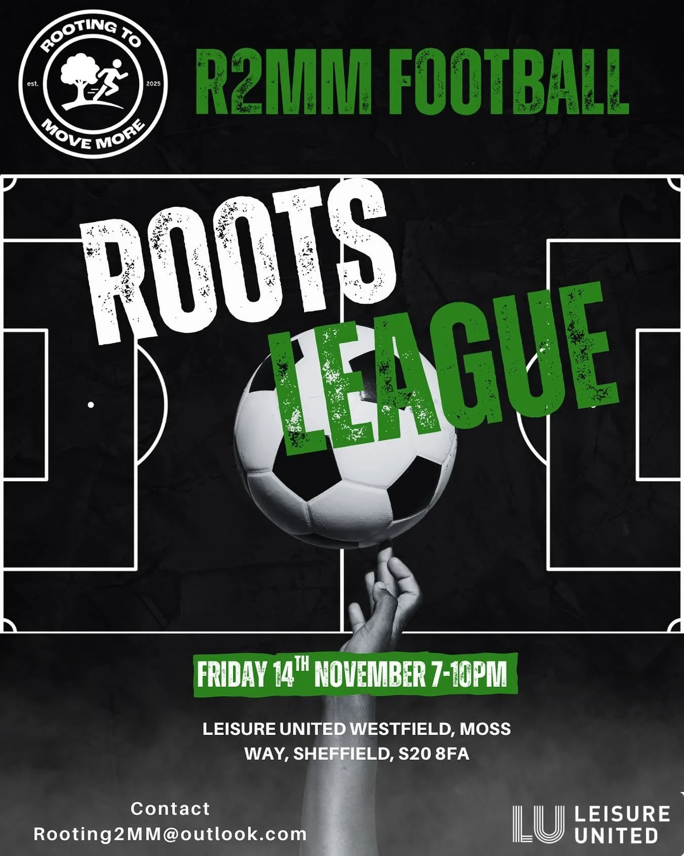 ⚽️ Friday Night Football Is Coming! ⚽️

Get your squad together for the R2MM Roots League &mdash; where community, competition, and good vibes meet every week!

🕖 Fridays | 7&ndash;10pm
🌱 5-a-side | Max 7 players
💰 &pound;5 per player
💥 Refereed,