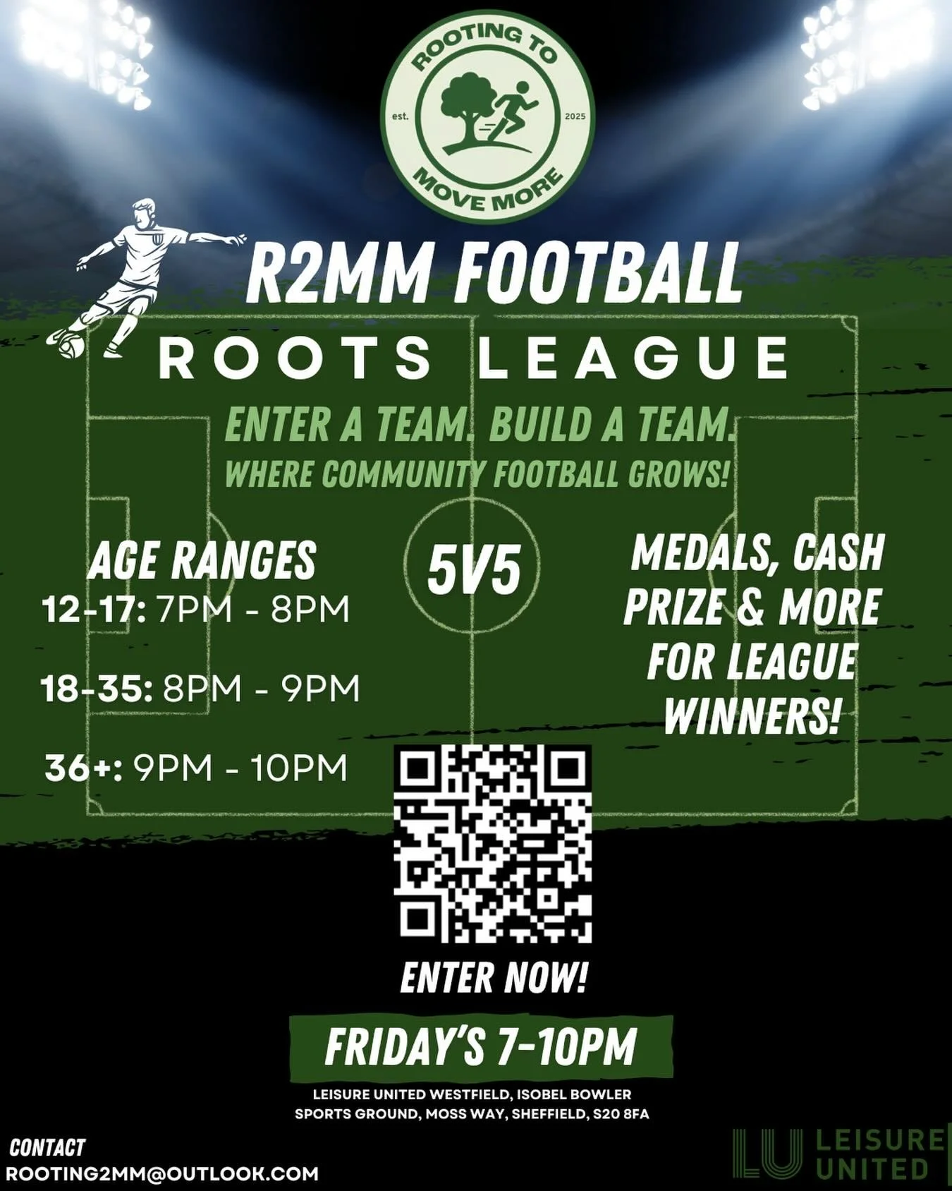 🌱 R2MM FOOTBALL &ndash; ROOTS LEAGUE IS HERE! ⚽️
Enter a team. Build a team. Where community football grows!

We&rsquo;re launching our brand-new 5v5 community league at Leisure United Westfield &mdash; and we want YOU involved!

📅 Fridays | 7PM &n