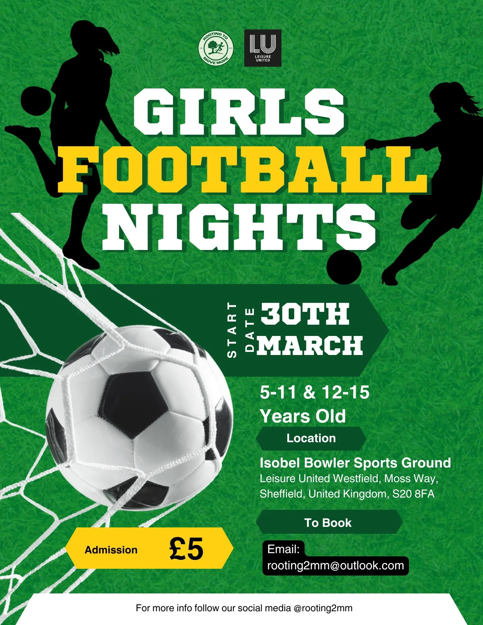 🚨 Schedule Update 🚨

Our Girls Football Nights will now kick off on March 30th.
Same great sessions, just a new start date! ⚽💚
Get signed up now &ndash; we can&rsquo;t wait to see you there!

⏰ 5:30&ndash;6:30pm
📍Leisure United Westfield, Sheffie