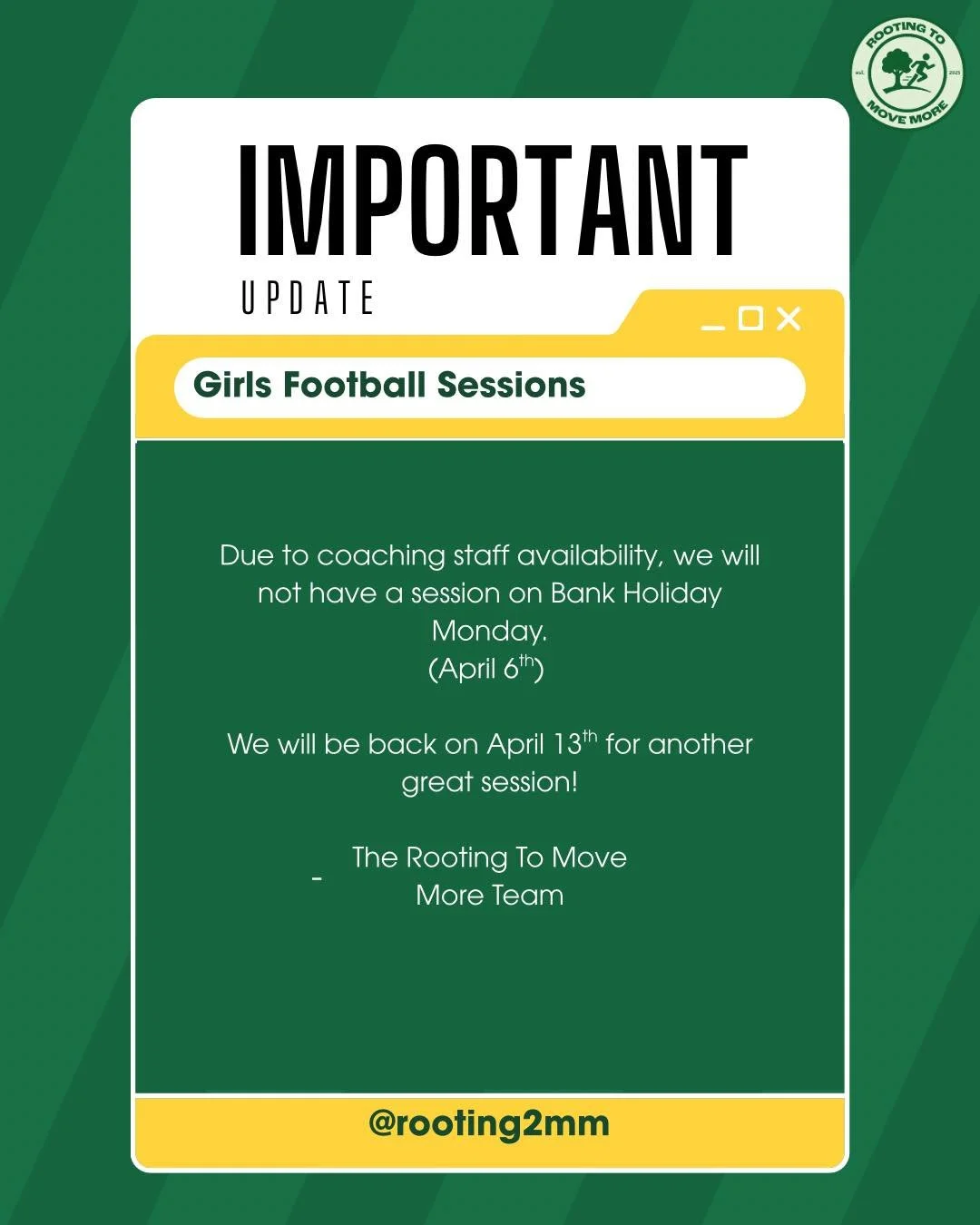 An important update to our girls football sessions!

Enjoy the holidays, and we will see you soon 💚

#girlsfootball #rootingtomovemore #movemore
