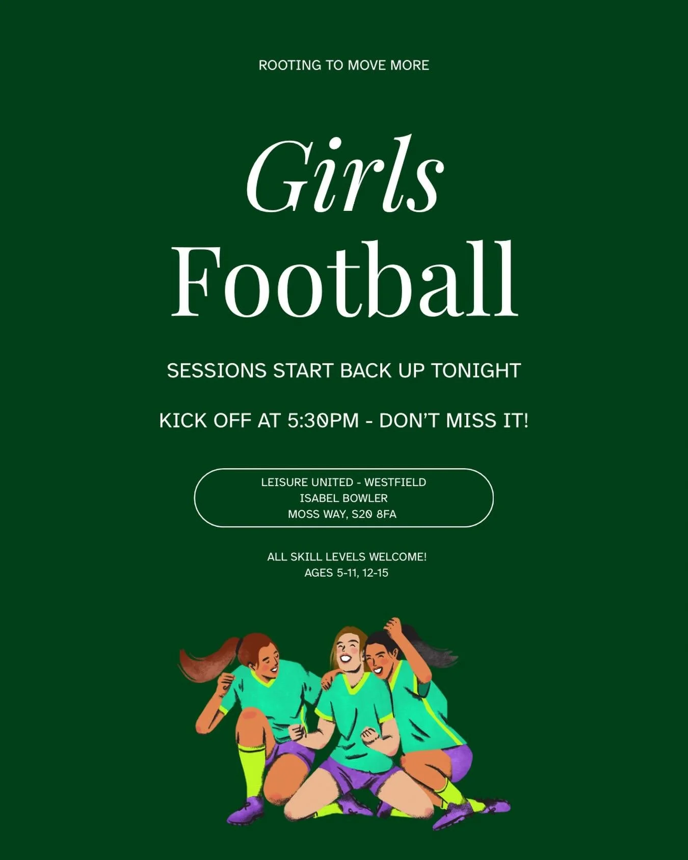 Girls football sessions are back up and running starting tonight! Join us at @leisureunited.s20 at 5:30pm ⚽️

#girlsfootball #rootingtomovemore #movemore