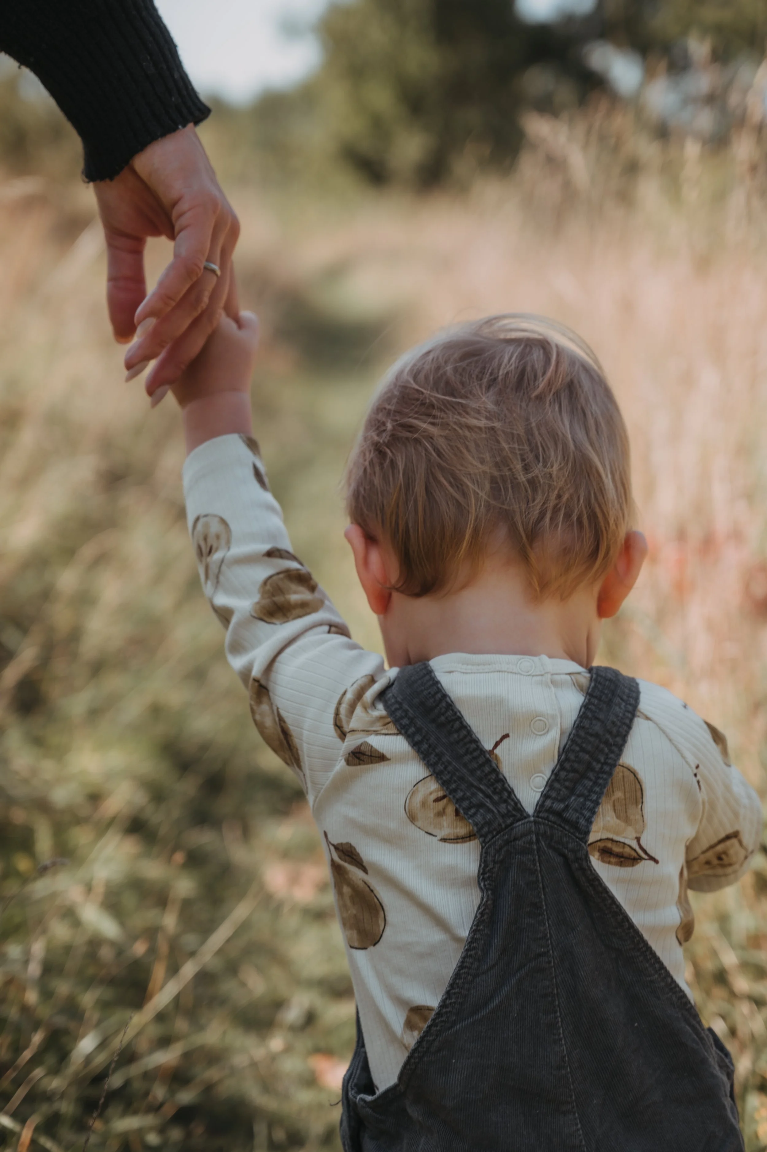 Ein Kind, das einem Erwachsenen die Hand hält, im Freien in einer naturreichen Umgebung unterwegs.