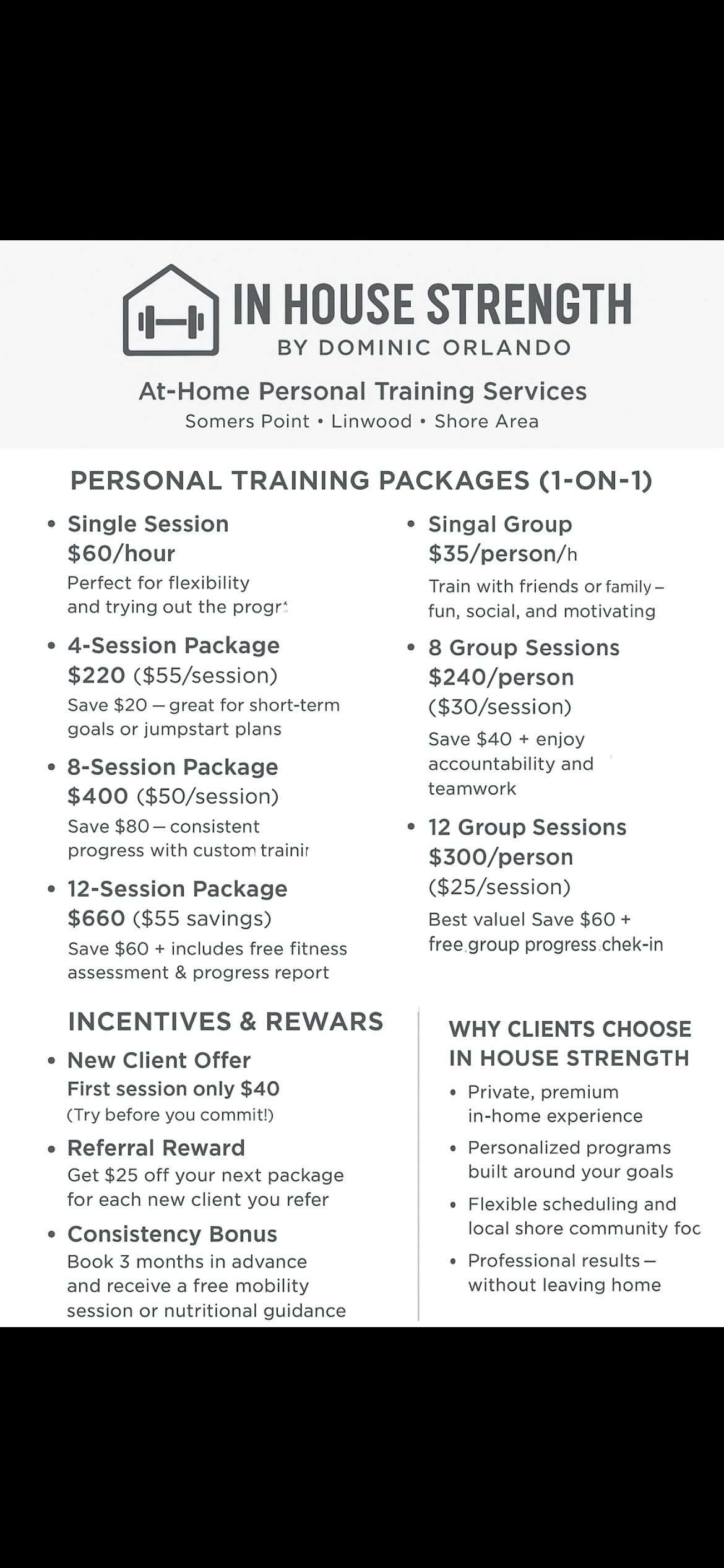 Flyer for In House Strength, offering personal training services in Somers Point, Linwood, Shore Area. Details on individual and group training packages, prices, and client incentives.