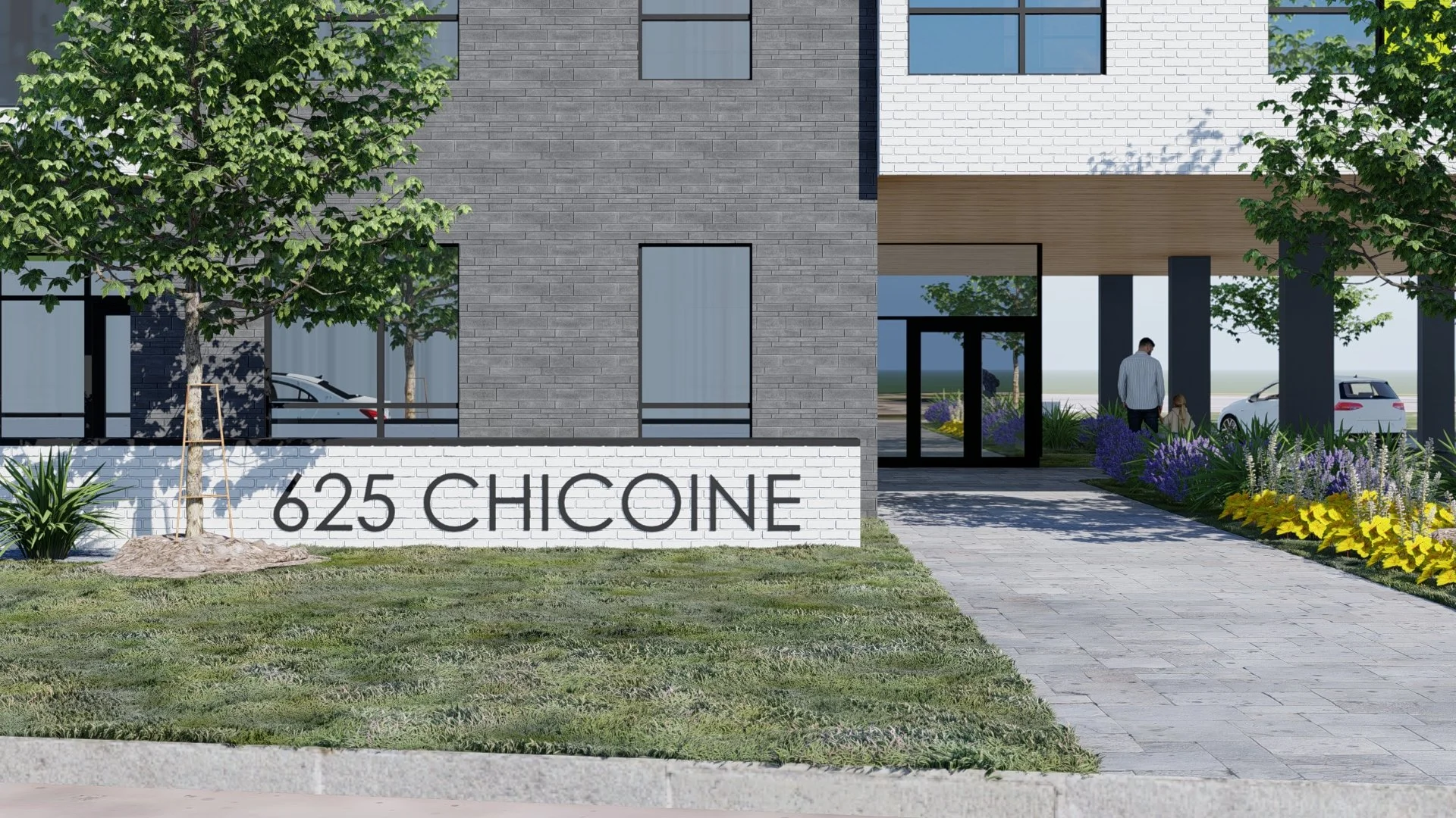 Vue d'une entrée de bâtiment moderne avec le numéro 625 Chicone sur un mur blanc, des arbres et des plantes le long d'une allée pavée, et des personnes se promenant devant l'entrée.
