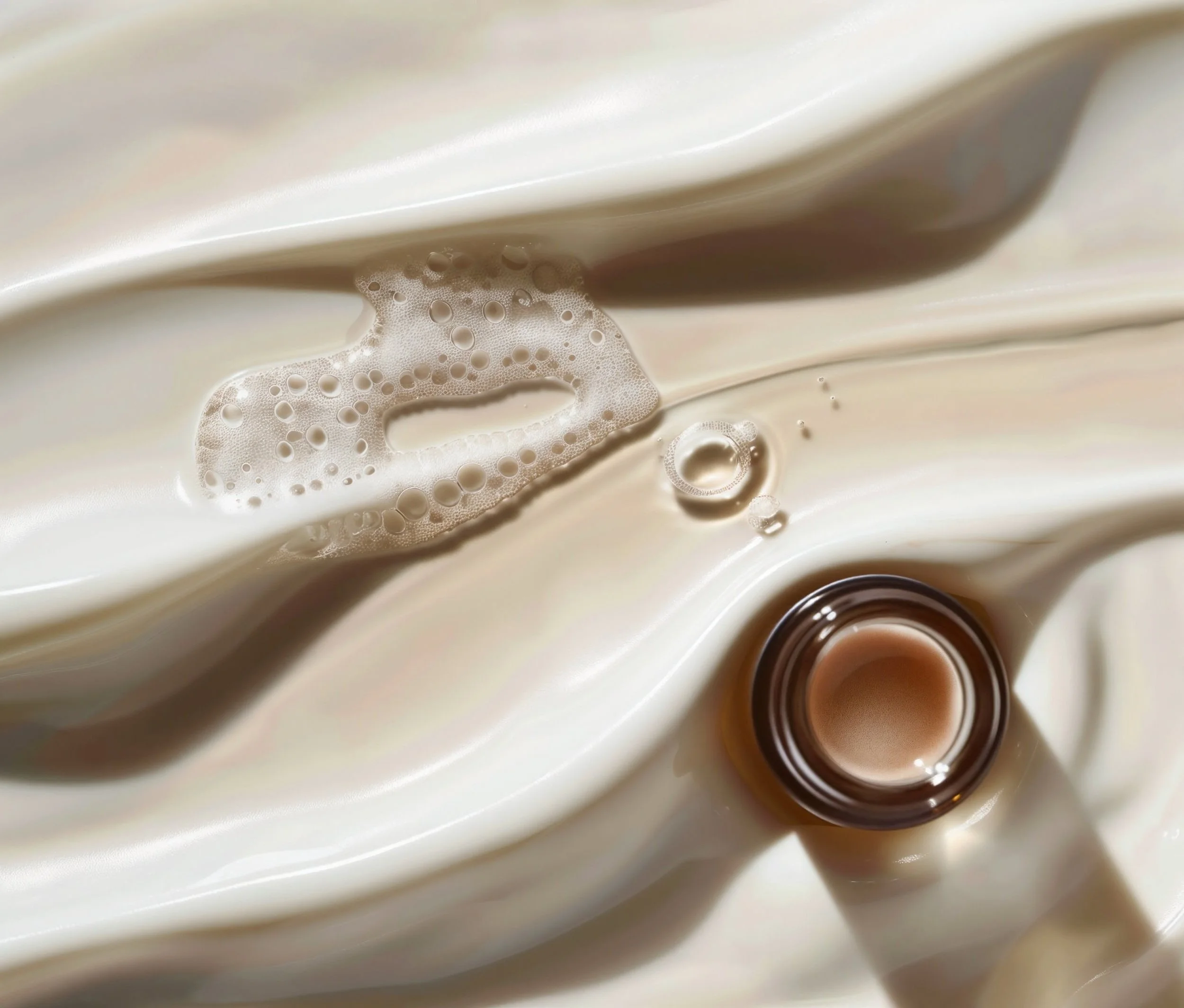 Close-up of a creamy liquid surface with bubbles, a soap bubble, and a circular brown and beige object, possibly a bottle cap.