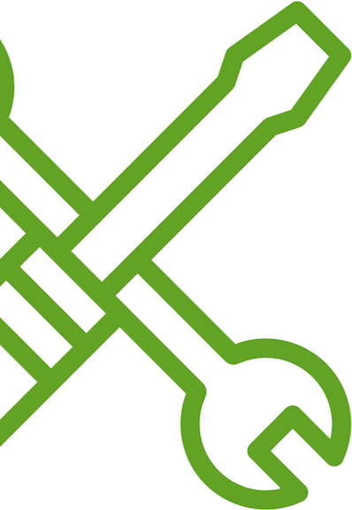 Green outline of a screwdriver and wrench crossed over each other.