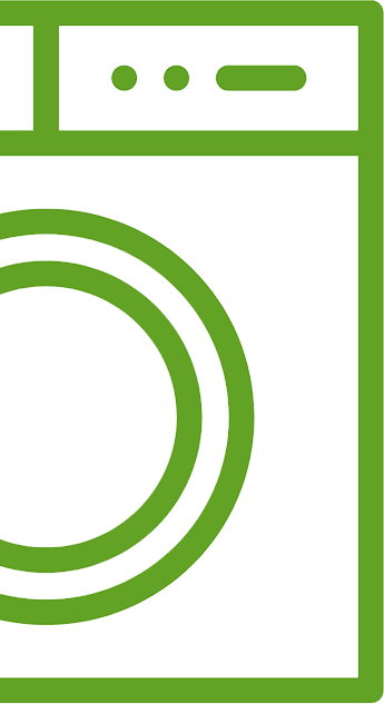 Green outline illustration of a washing machine, showing the door and control panel.