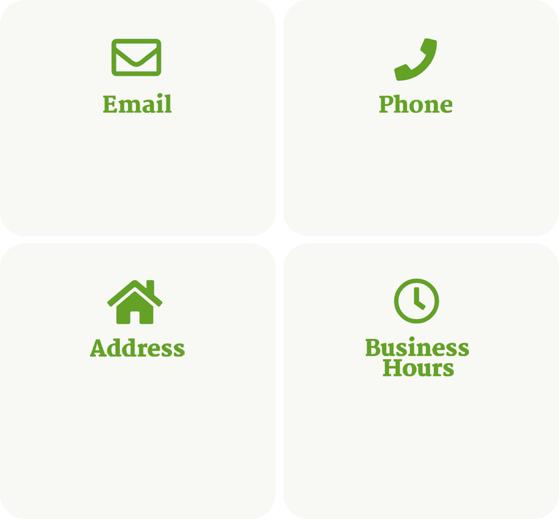 Contact options screen with icons and labels for Email, Phone, Address, and Business Hours in green on a white background.