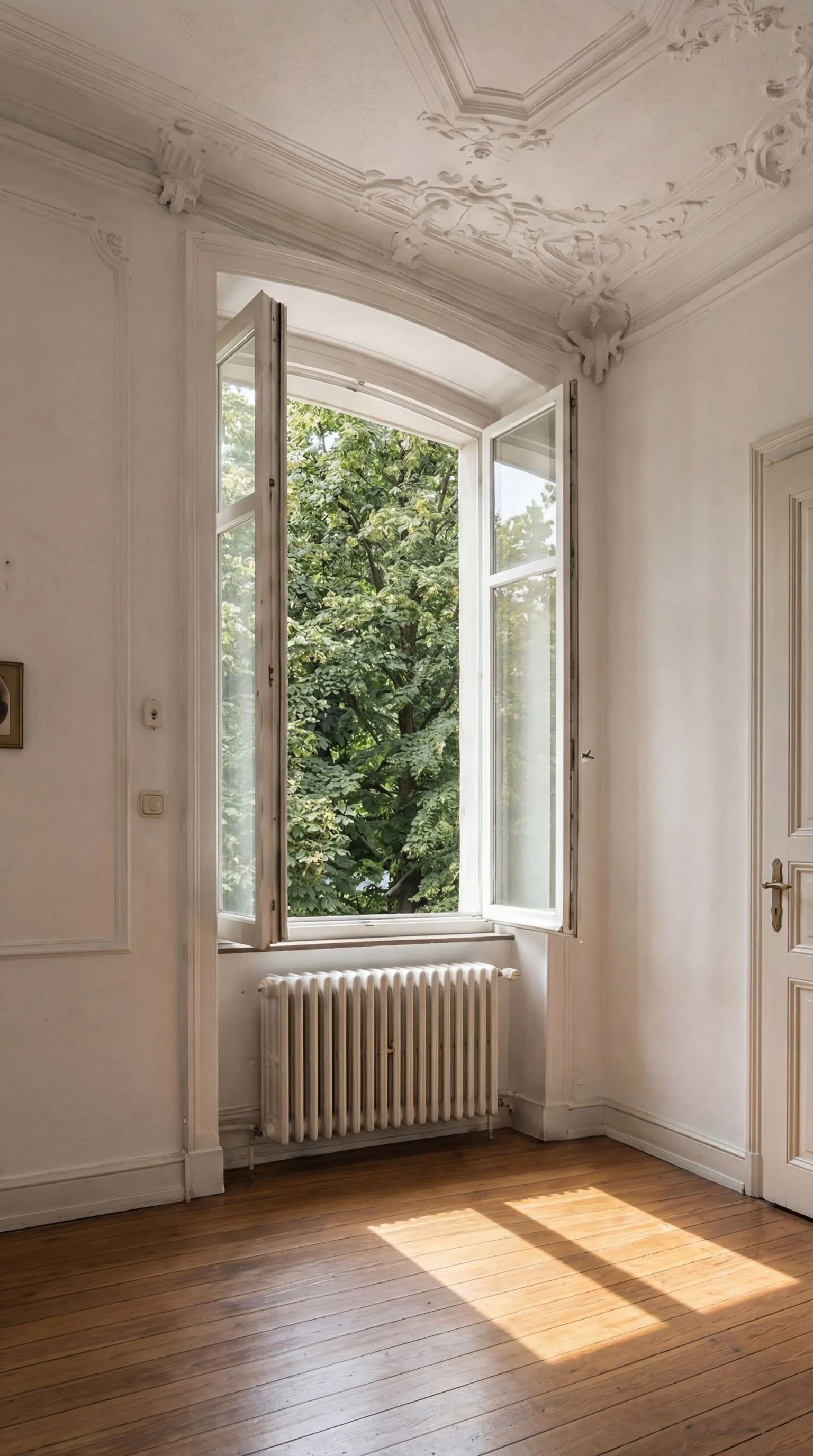 Ein leerer Raum mit einer geöffneten Fensterscheibe, durch die grüne Blätter eines Baumes sichtbar sind. Der Raum hat weiße Wände mit dekorativer Stuckverzierung an der Decke und eine weiße Radiator unter dem Fenster. Das Holzparkett ist naturfarben und reflektiert Sonnenlicht.
