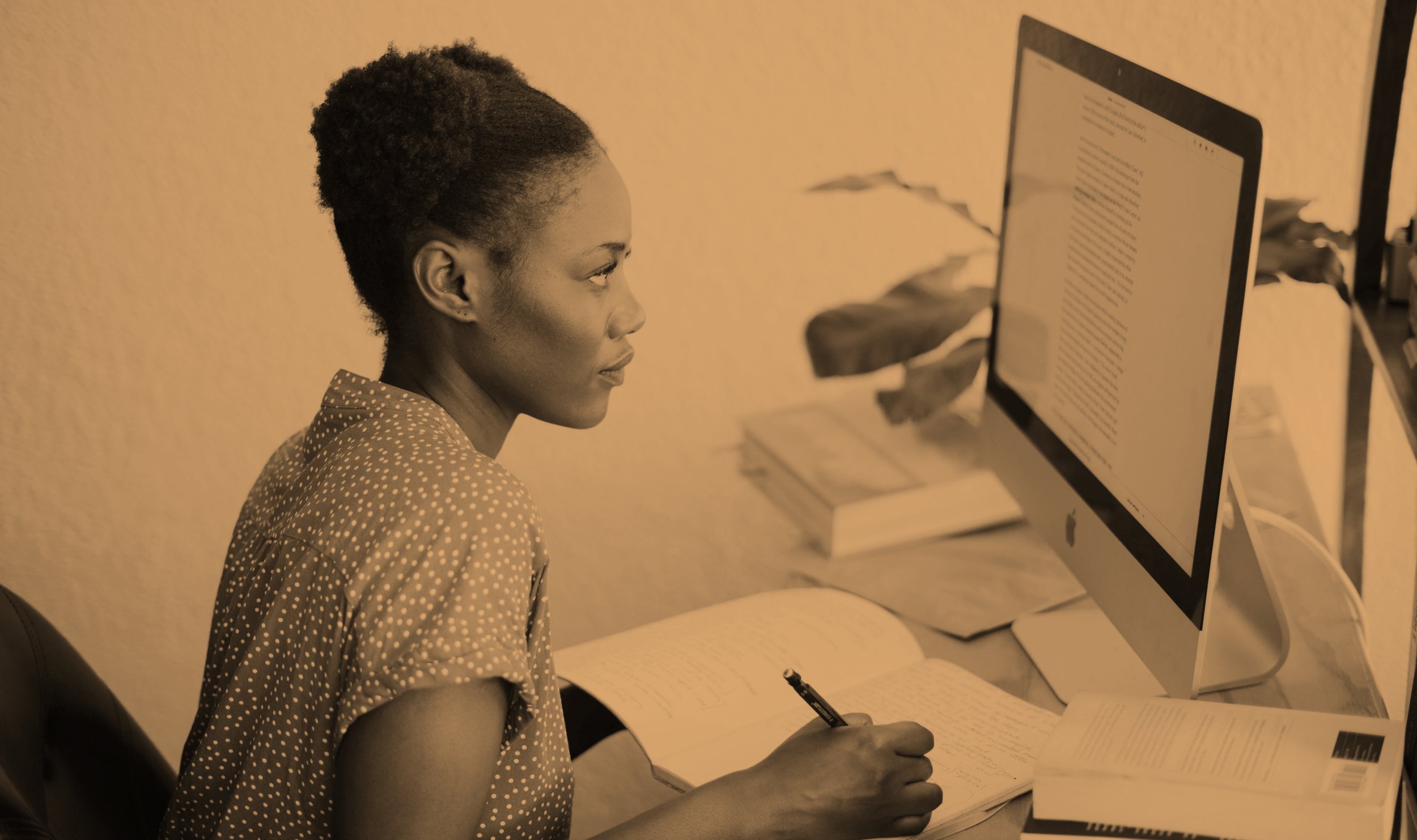 Photo one - person at a computer reading (orange).jpg