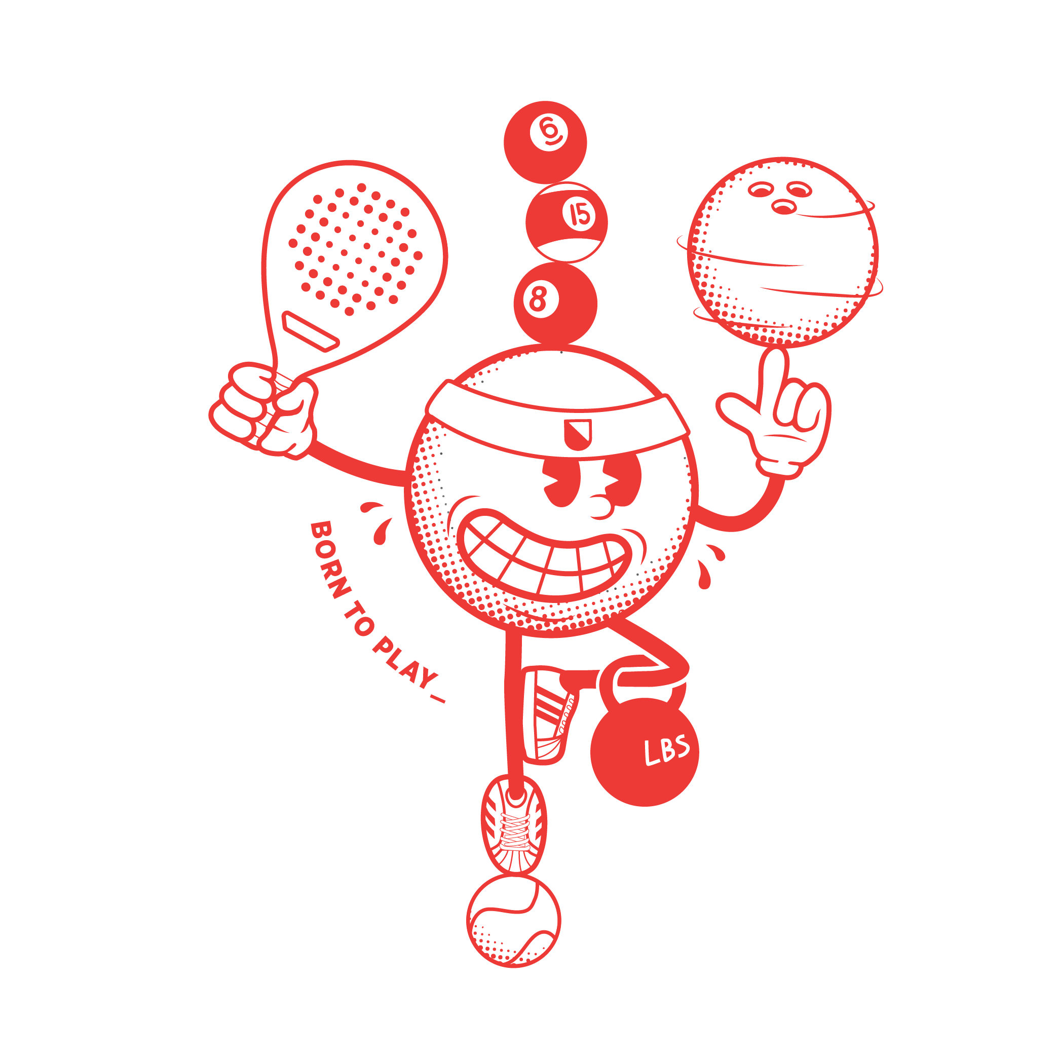 A cartoon character resembling a tennis ball with a big smile, wearing a headband and sneakers, holding a tennis racket in one hand and a globe in the other. The character balances several numbered tennis balls on its head and has a kettlebell with "LBS" hanging from one leg. The phrase "Born to play" appears below, indicating a tennis theme.
