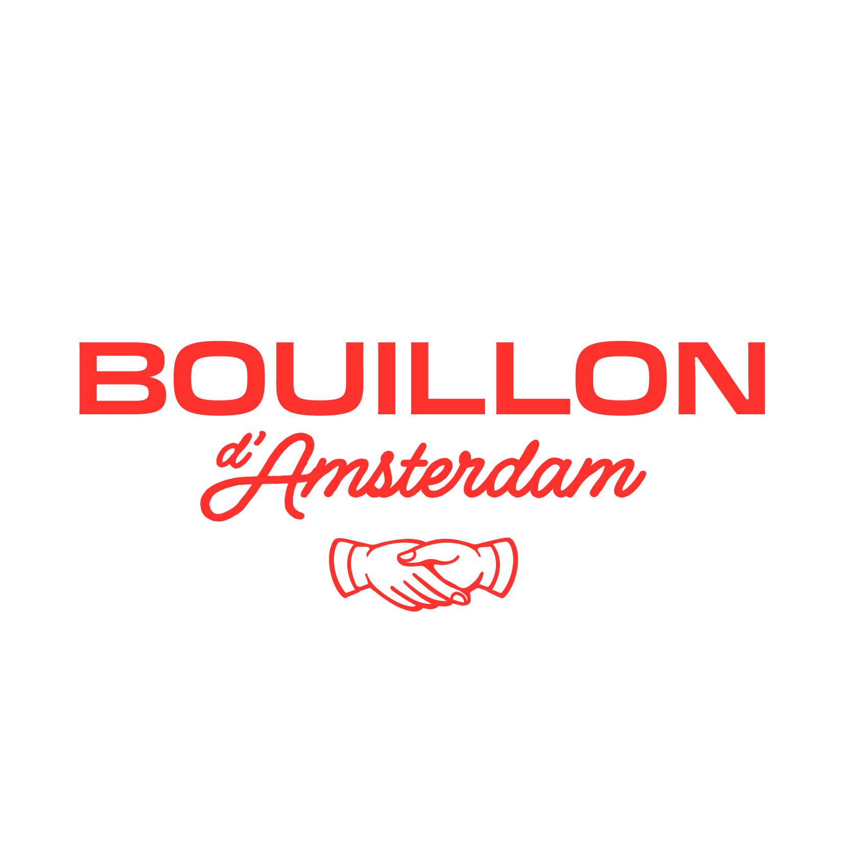 Logo for Bouillon d'Amsterdam featuring bold black background with red and white text and handshake icon
