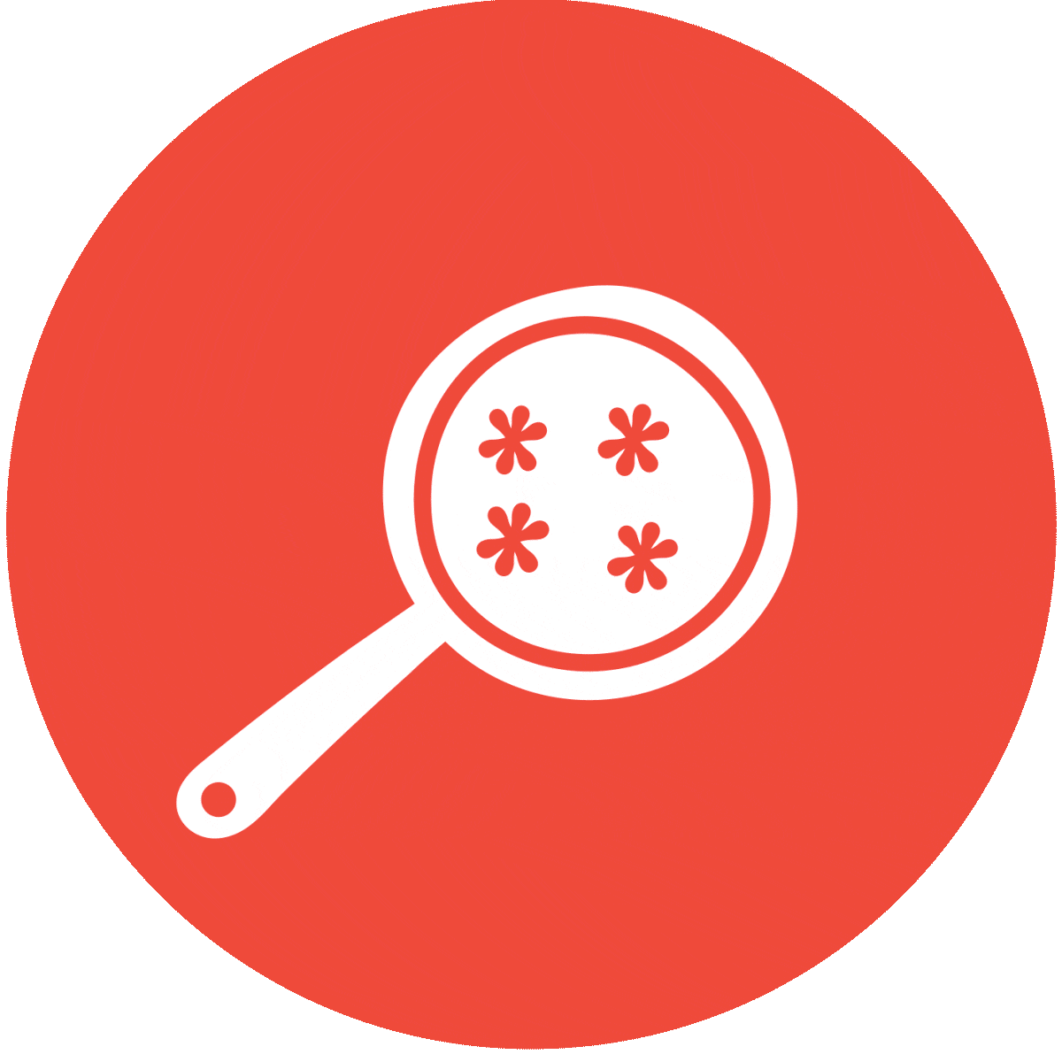 Magnifying glass showing four bacteria or viruses on a red background.