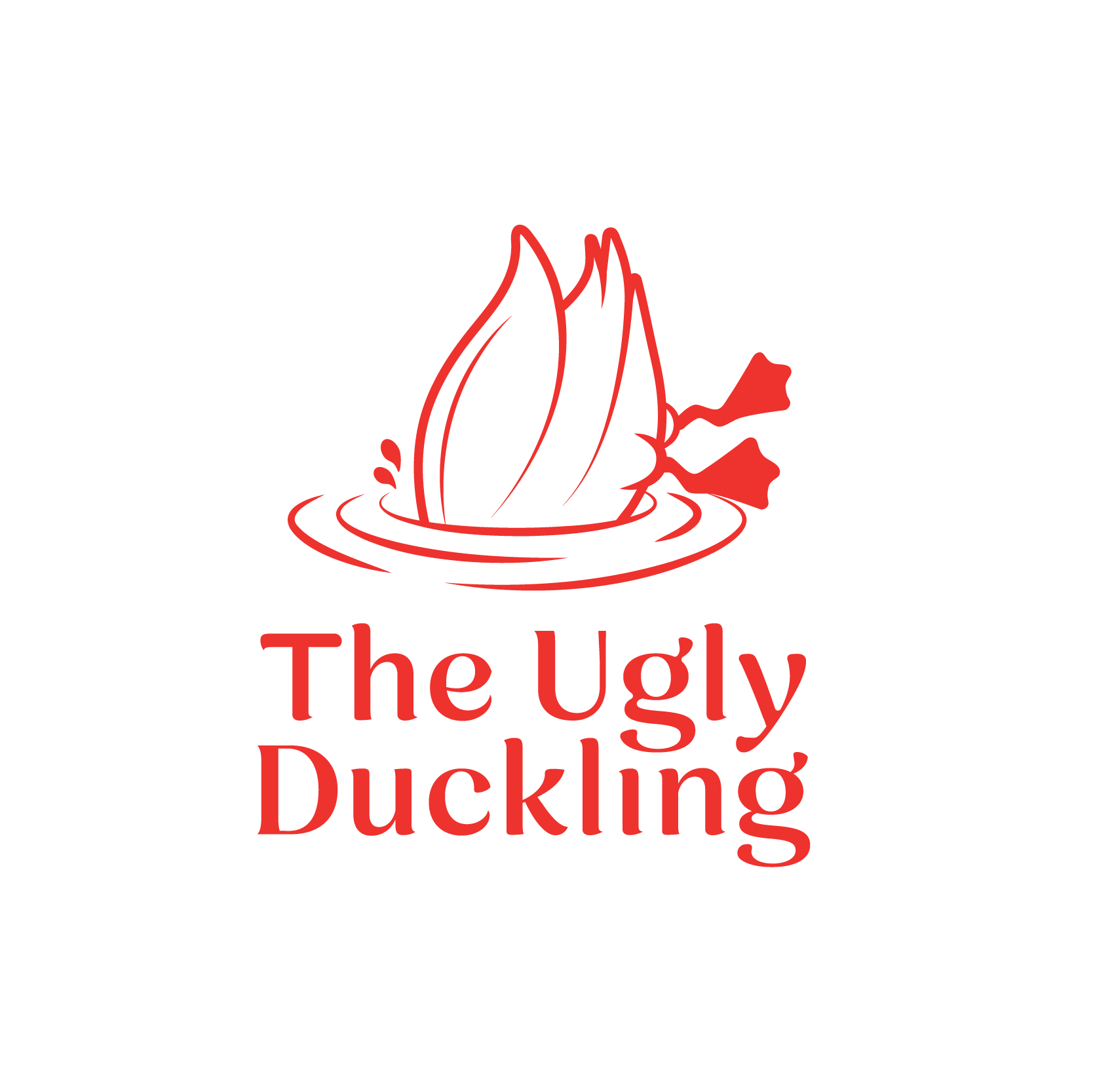 A red line drawing of a duckling with a flower, set above the text "The Ugly Duckling" in red on a black background.