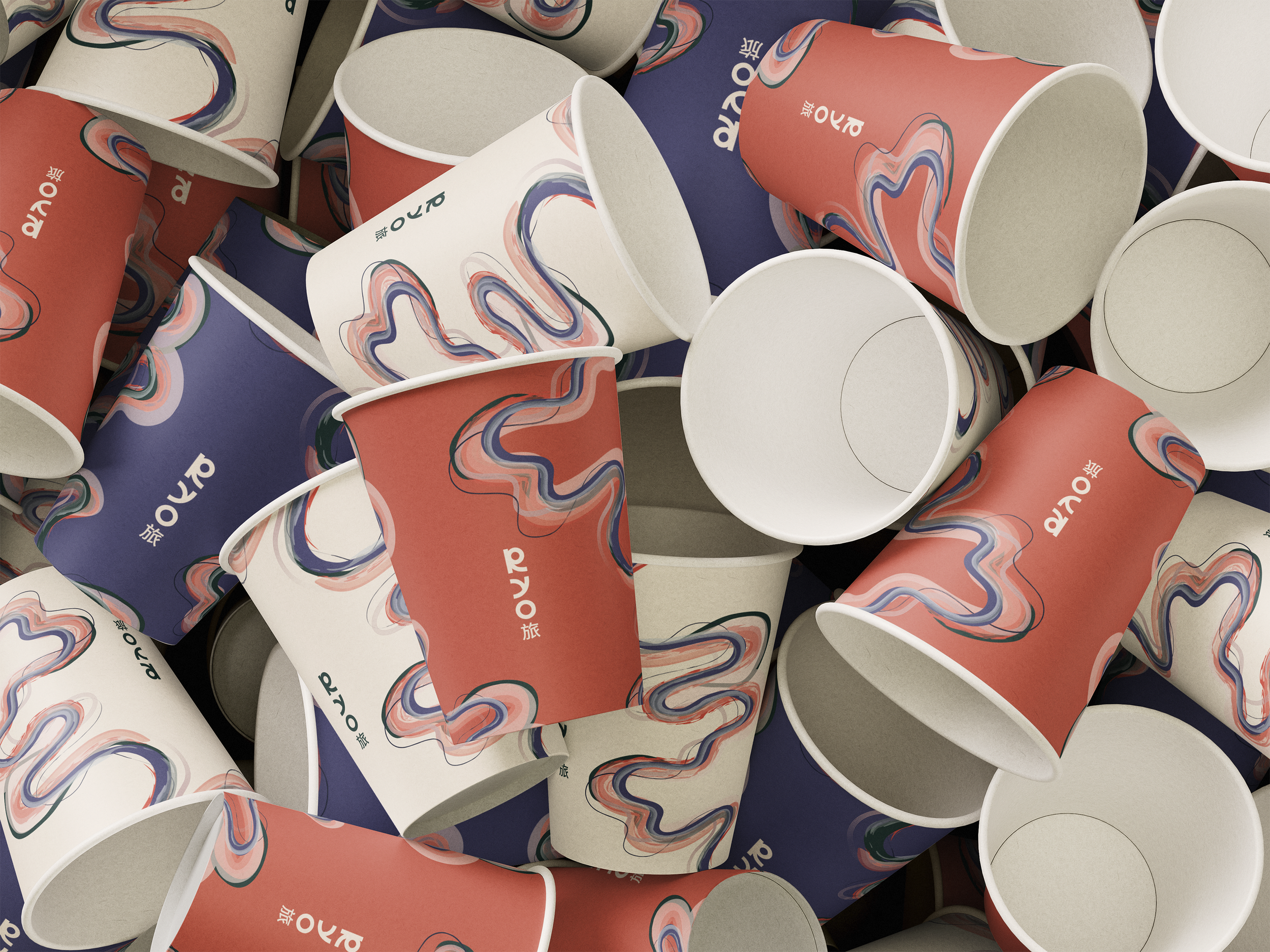 A pile of paper cups with colorful abstract swirl designs and the word 'DYO' printed on them.