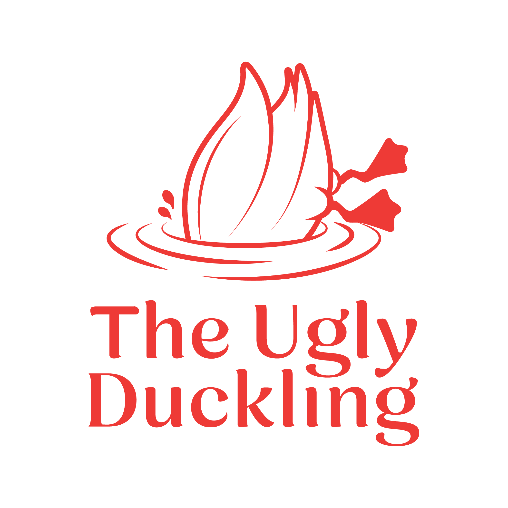 Logo featuring a red outline of a duckling head on water, with the text 'The Ugly Duckling' in red below.