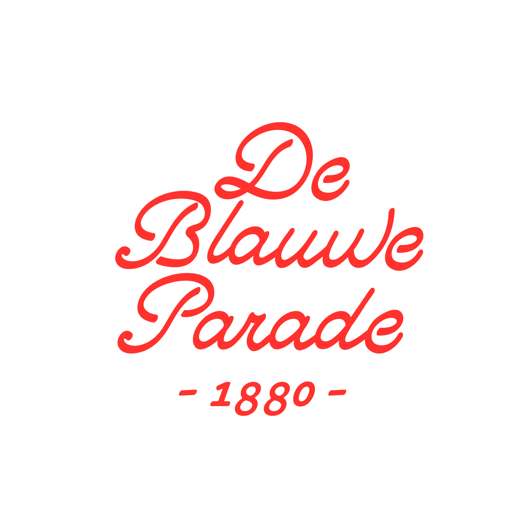 Red cursive text reads "De Blauw Parade - 1880" on a black background.