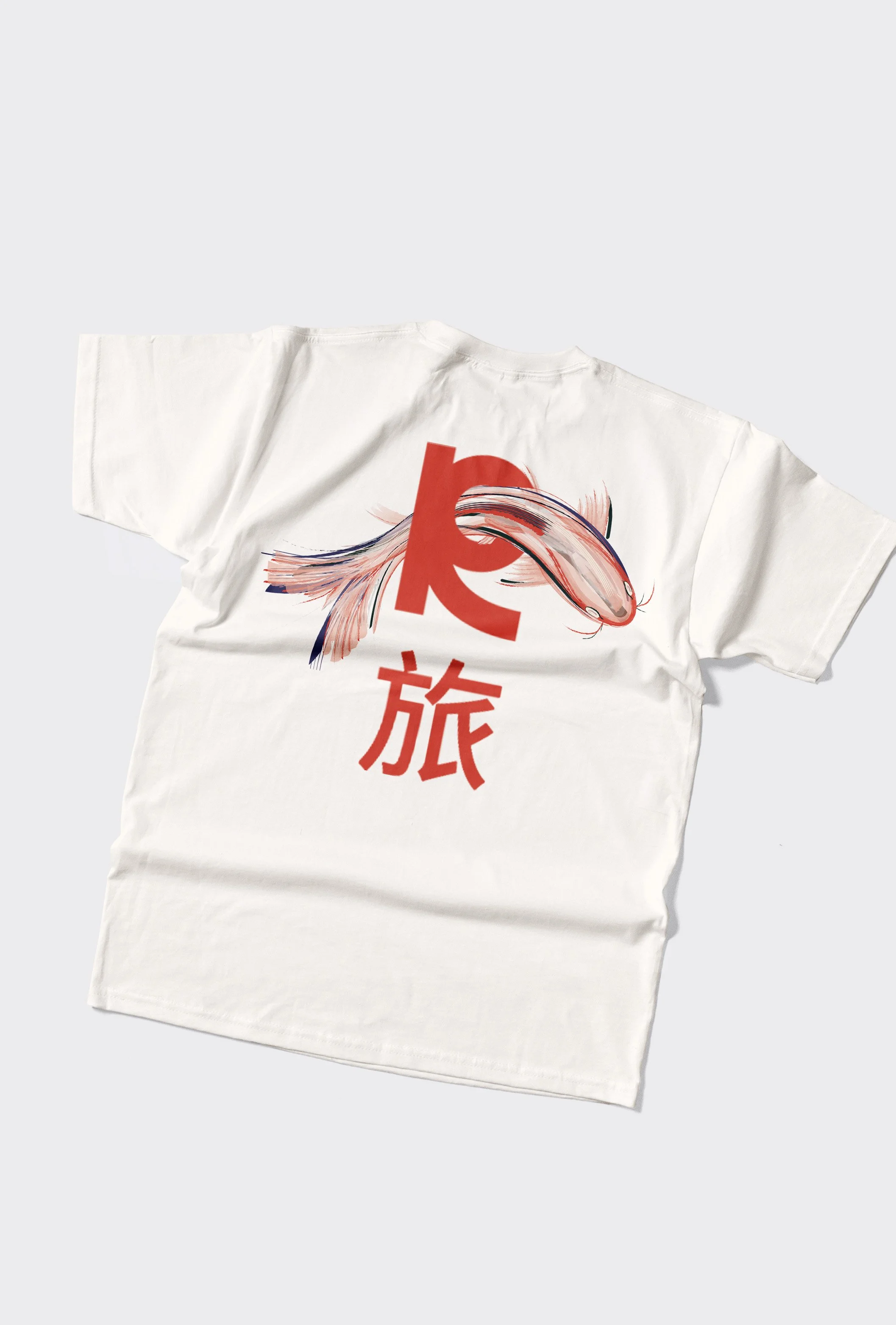 White T-shirt with a graphic of a fish and Japanese characters in red, featuring a large red symbol, a fish illustration, and Japanese text.