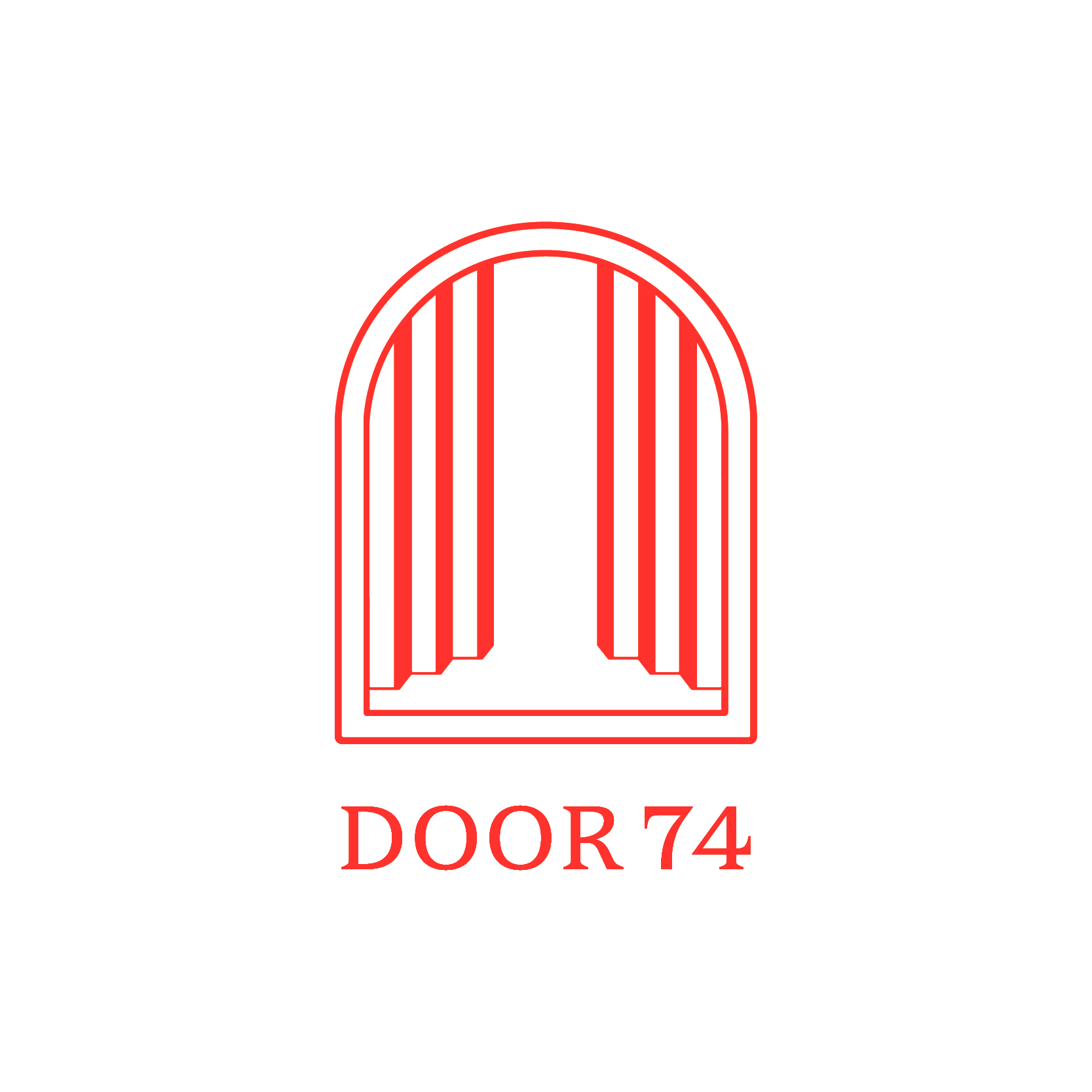 Red outlined arched door with vertical lines and the text 'DOOR 74' beneath it, on a black background.