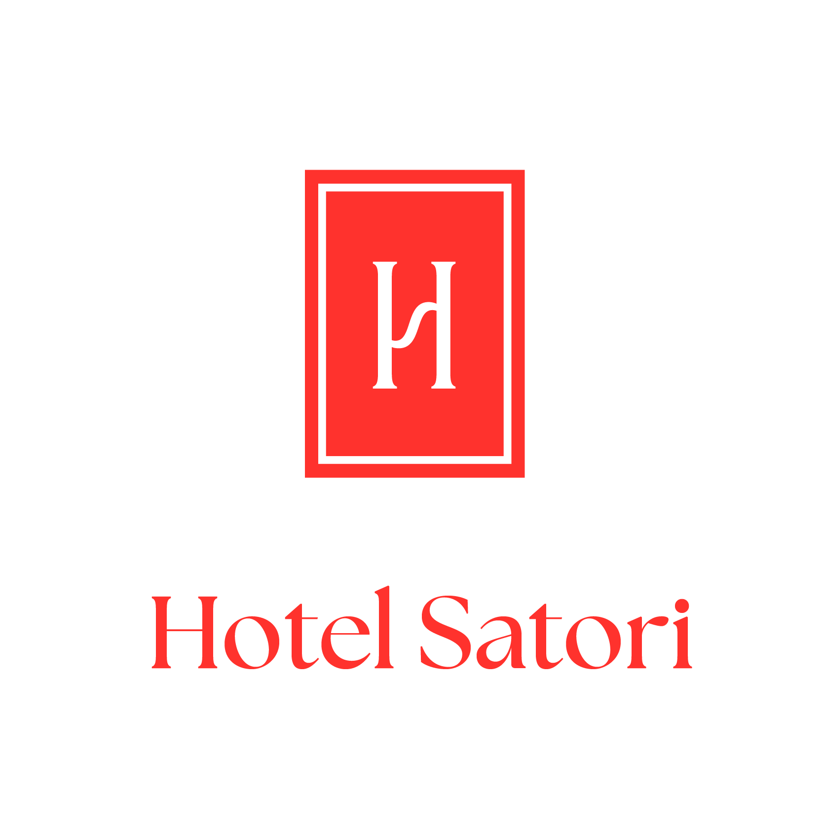 Hotel Satori logo with a red rectangular emblem containing a stylized white letter 'H', and the name 'Hotel Satori' written below in red on a black background.