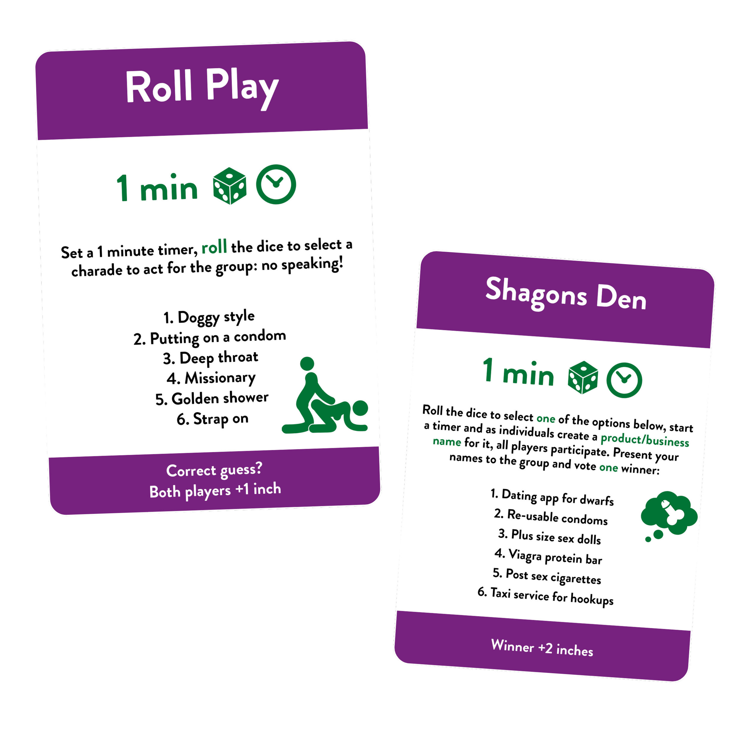 Two game cards for a dice game with instructions and game options written in black and green text on a white and purple background.