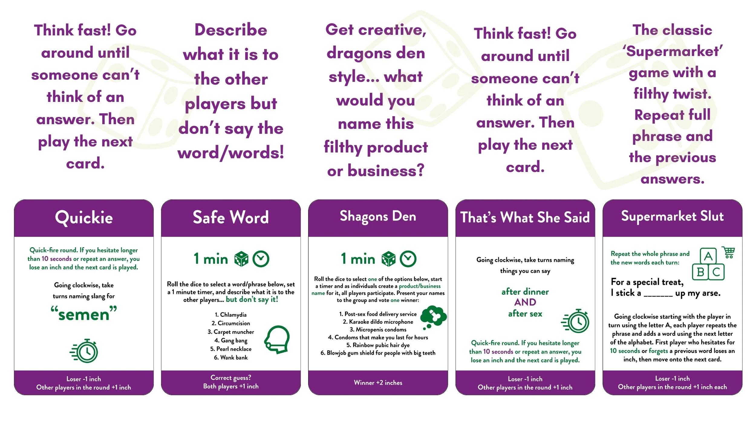 Rules for playing a trivia game with humorous category titles, including instructions for each turn, with categories named 'Quickie,' 'Safe Word,' 'Shagons Den,' 'That's What She Said,' and 'Supermarket Slut.' Each category has specific gameplay rules and timing instructions.