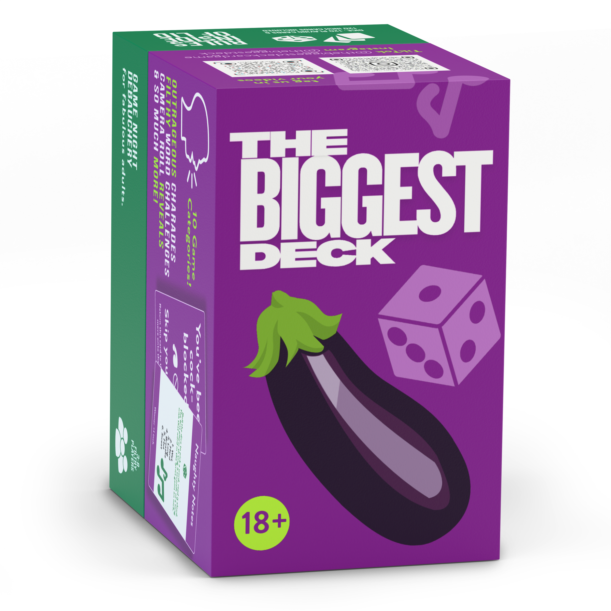 Box of The Biggest Deck card game with purple and green packaging, featuring a dice graphic and a green leaf illustration. Perfect game for hen parties and girls night.