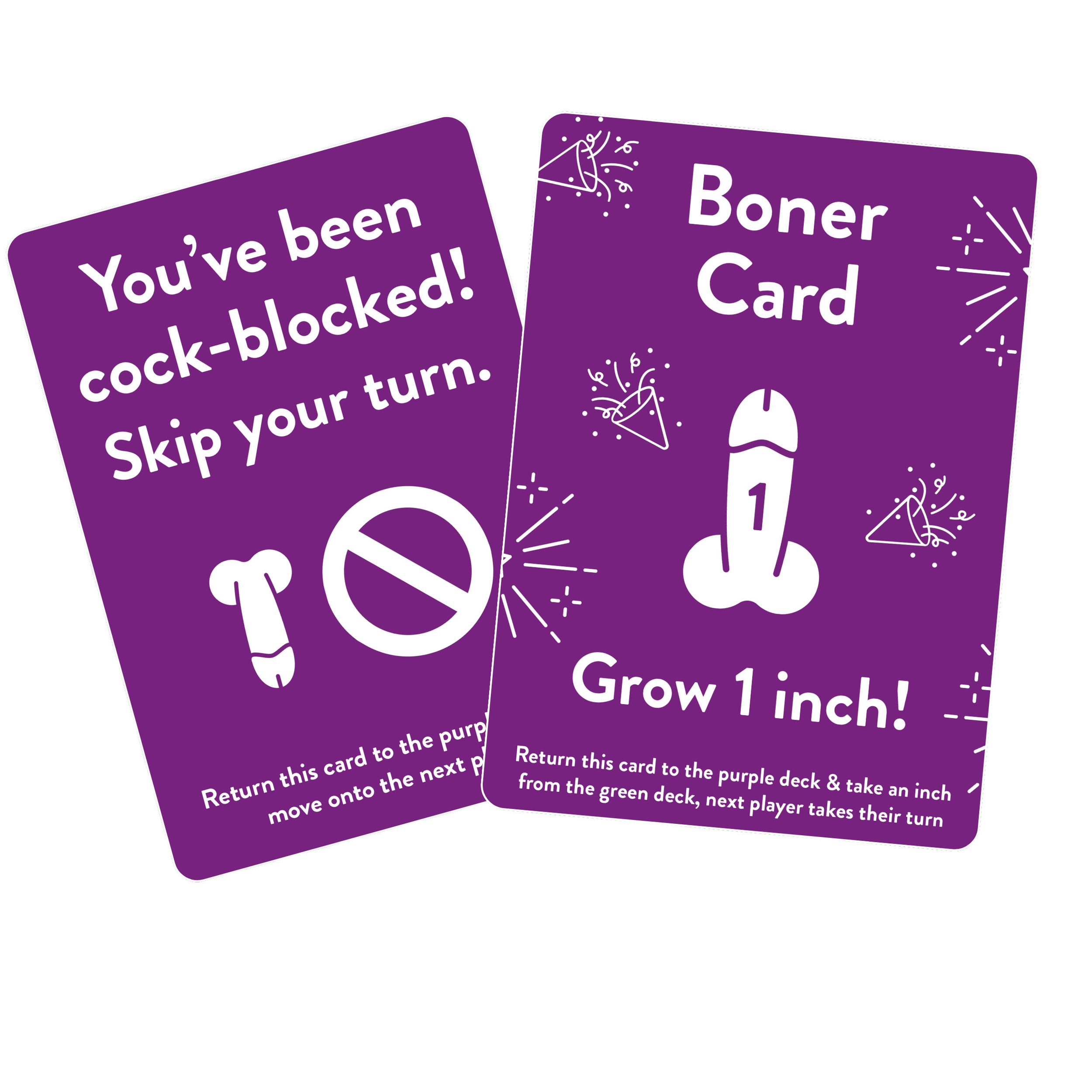 Two purple cards with white text and illustrations. The left card says, "You've been cock-blocked! Skip your turn." The right card says, "Boner Card Grow 1 inch" with a small illustration of a penis hen party funny game.  Best hen party games UK fun