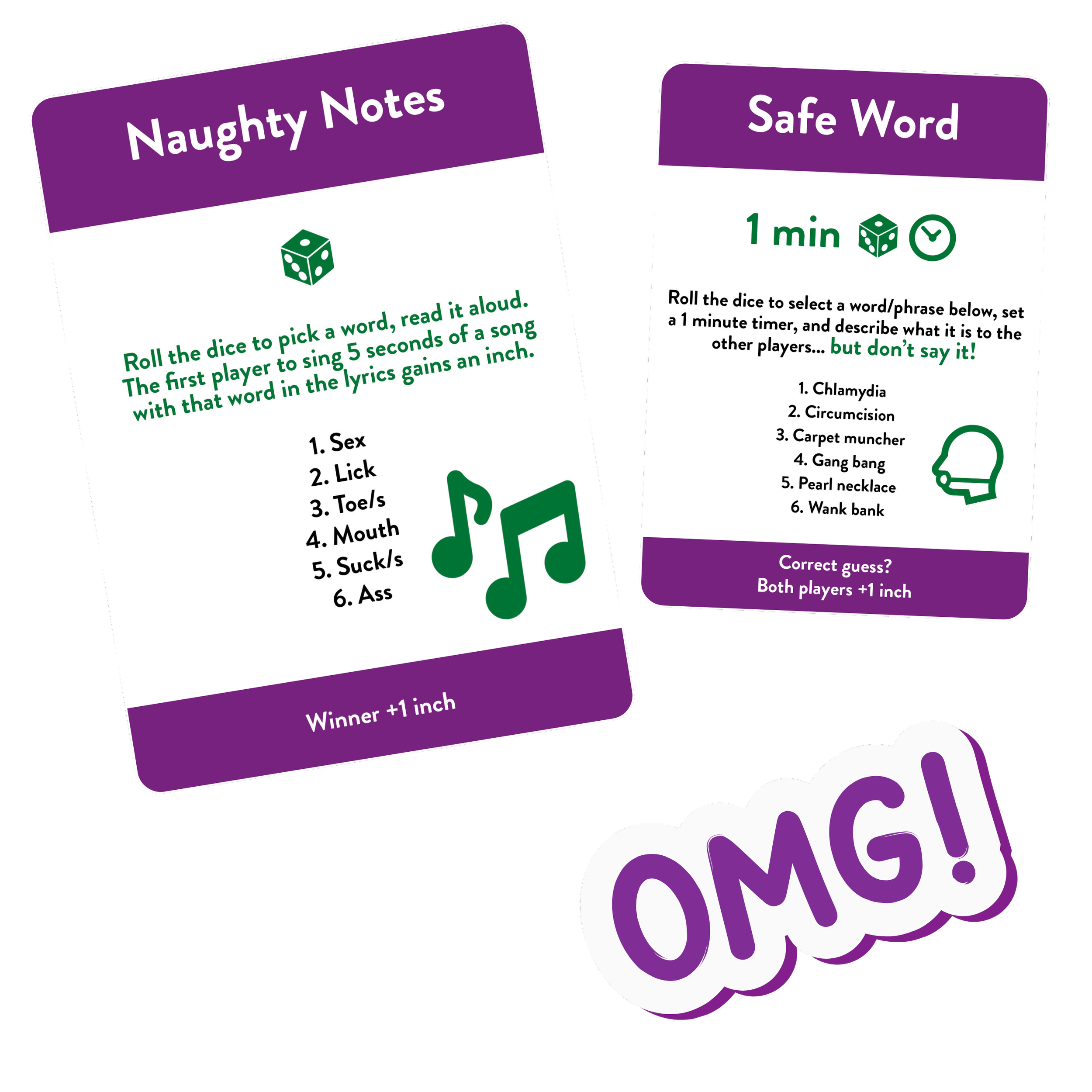 Two game cards with purple headers and white backgrounds, featuring instructions and options for a game involving rolling dice and guessing words, with green icons and black text. The best card game for hen parties UK.