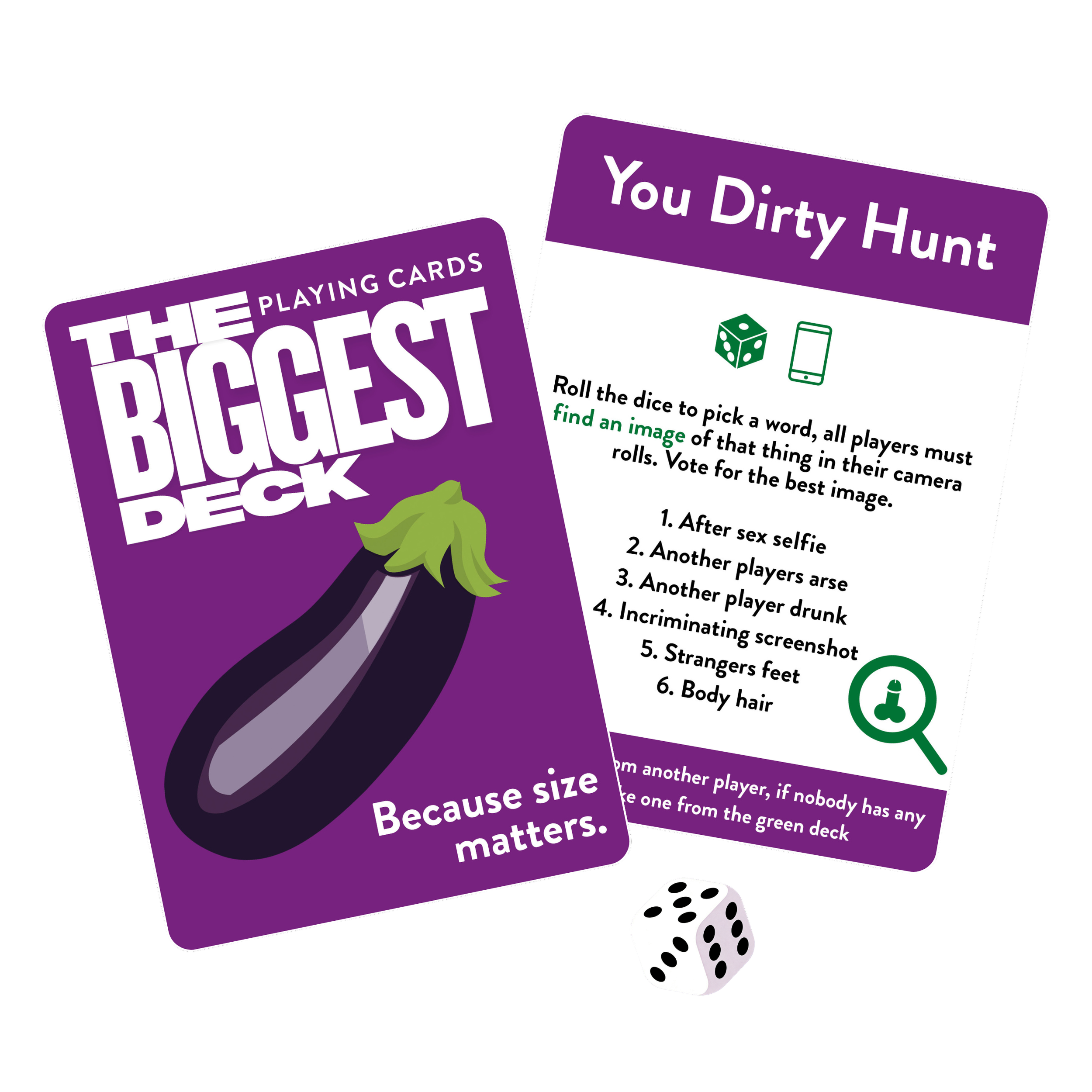Playing cards with purple backs and green text, labeled 'THE BIGGEST BITCH BECK,' a white six-sided die with black dots, and a white die with black dots.