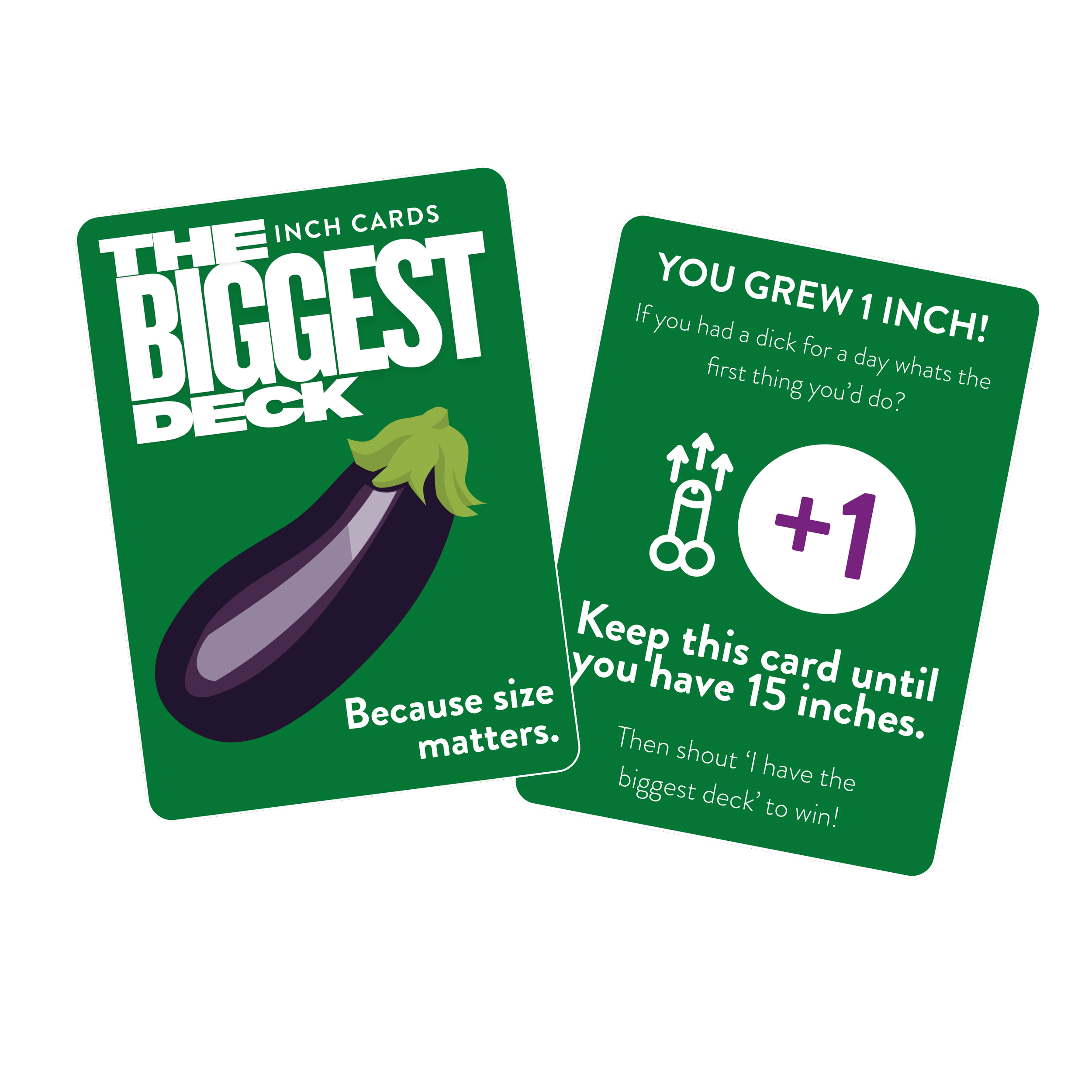 A set of educational cards about the size of a vegetable, with one card showing an eggplant illustration and the text about growing 1 inch, and another card with gambling-related questions and instructions for keeping the card for a contest.