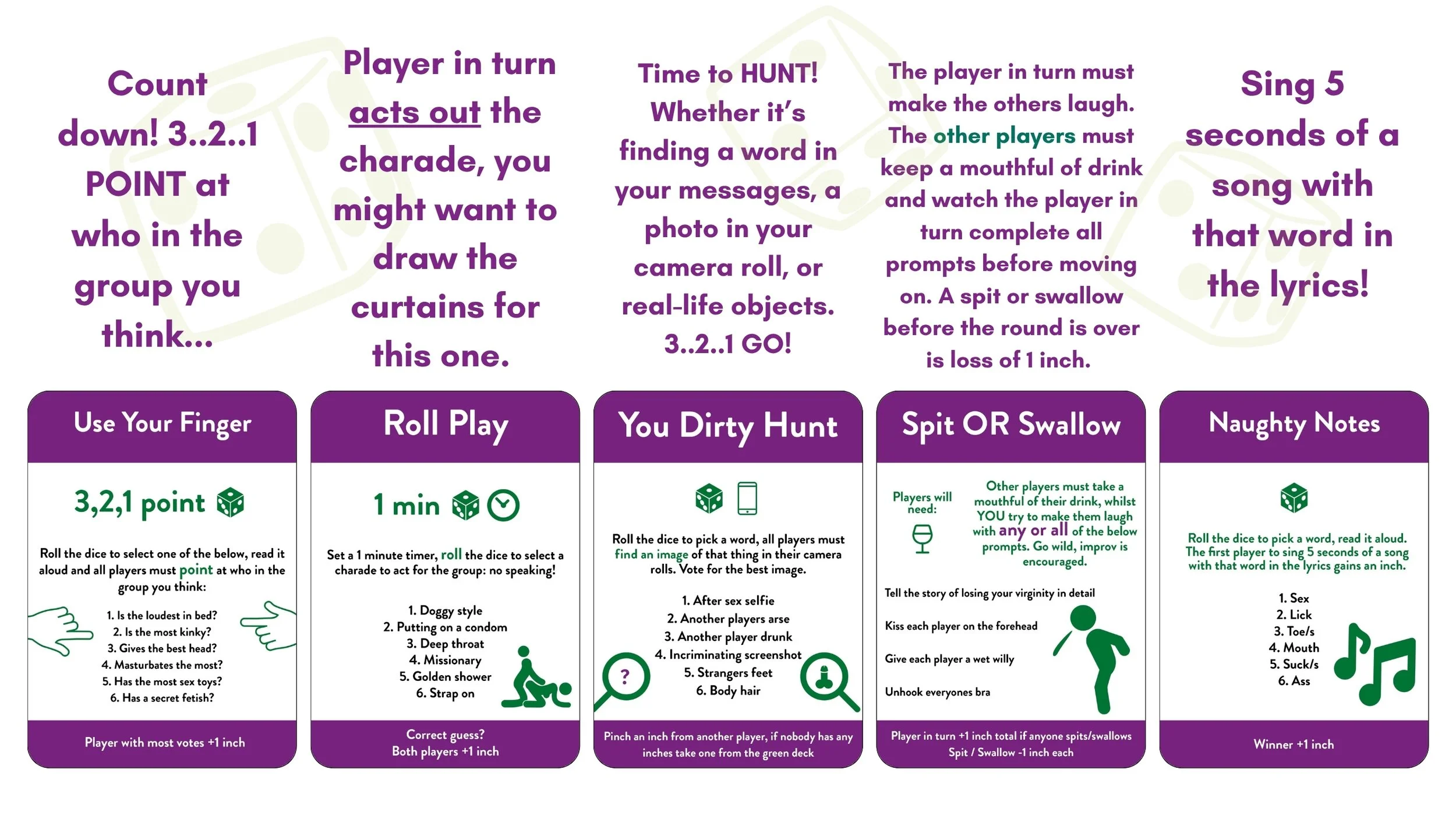 A colorful game board with instructions for a party game, divided into sections with purple and green text, featuring dice emojis and illustrations of people and objects.
